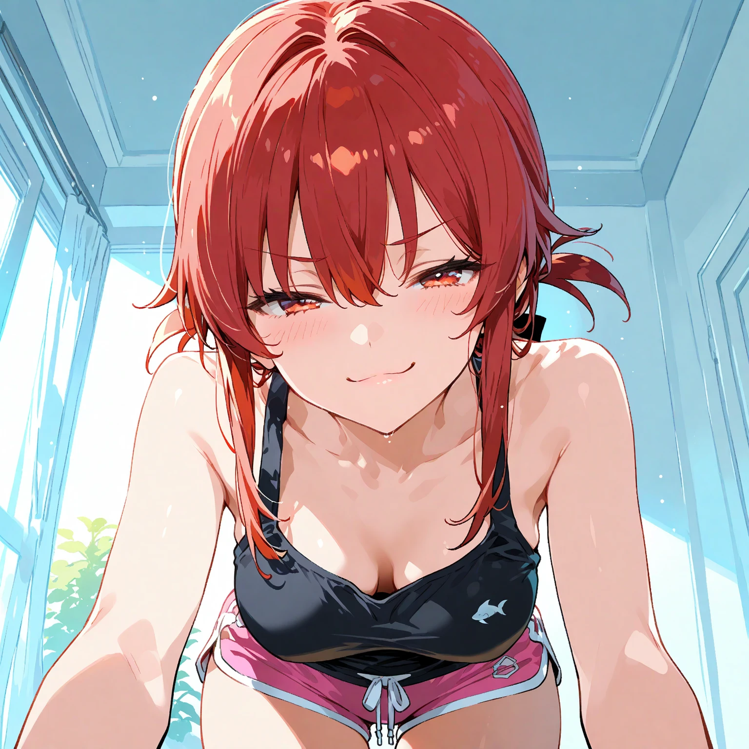 anime, best quality, masterpiece, epic, highest detail, 1 girl, ((pink bob hair)), from directly top angle, turn face away, lying down on the wooden floor, darkred sleeveless track uniform and navy bloomer, exposing the abdomen, open legs and arms, (six pack abs:1.2), slim body, small breast, painful face, open mouth, (dripping bloods from mouth:1.3), ((closing eyes)), indoor, front lighting