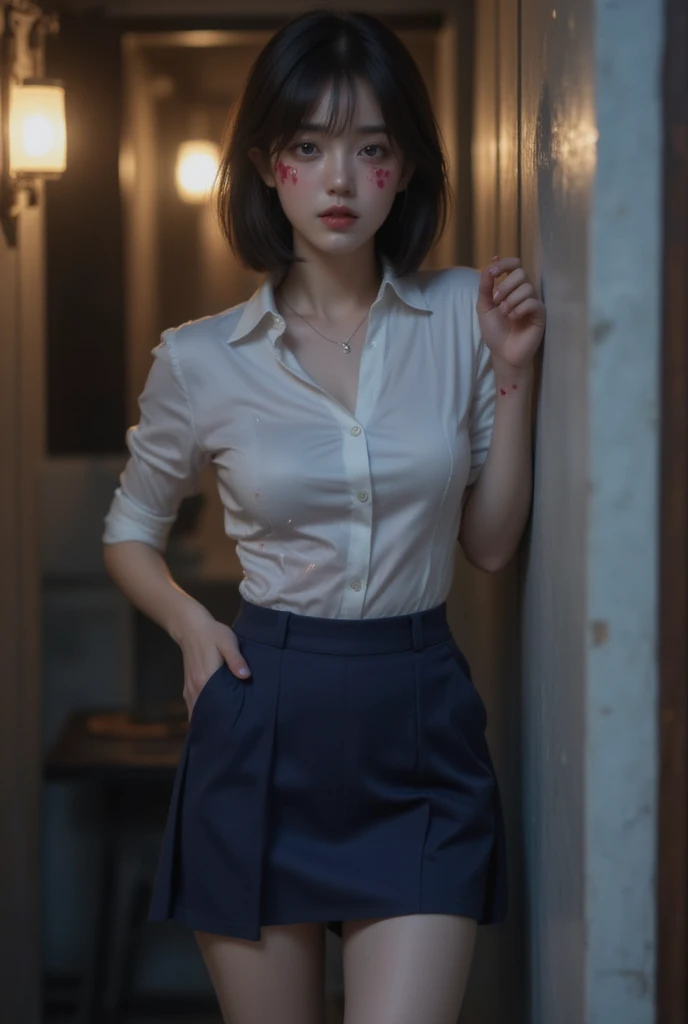 in office, long brown hair, wearing a white blouse, black walls, serious atmosphere, masterpiece