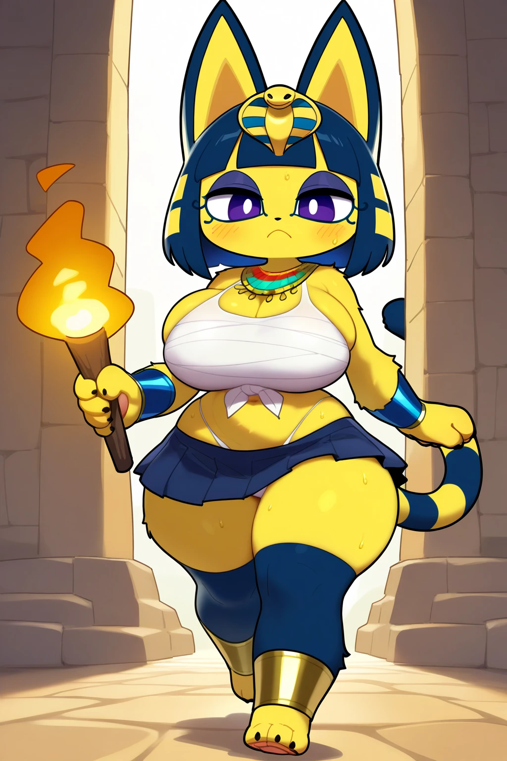 (masterpiece, best quality:1.1), ankha, 1girl, solo, annoyed, smug, hand on hip, hand up, breasts, tail, dark blue eyes, white dress, egyptian, outdoors, nature reserve, protected habitat, trails, birds, wildlife, flora, fauna, interpretive center, boardwalk, ranger-led tours, bird blinds, animal tracks