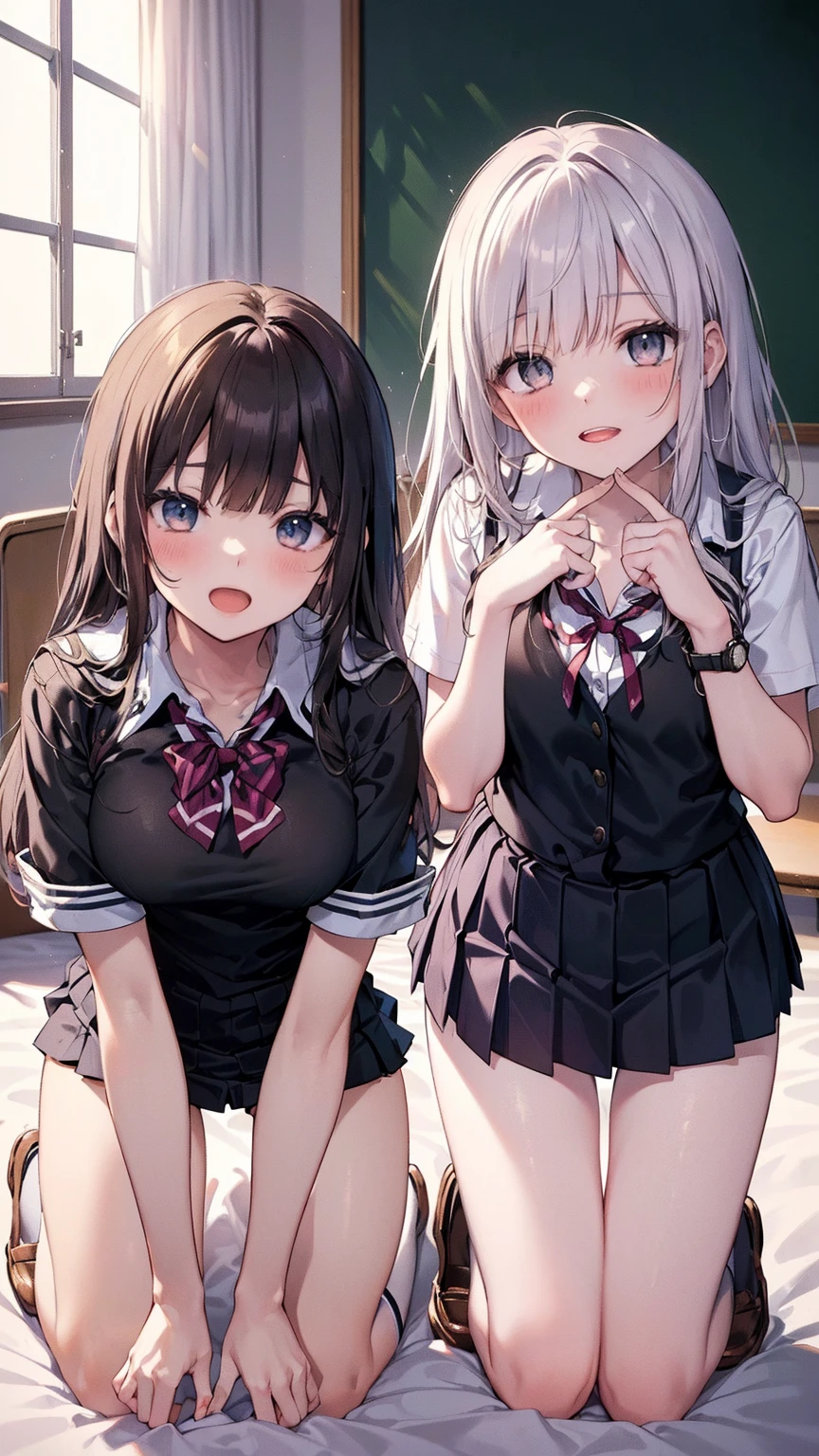 (masterpiece:1.3, Highest quality, Ultra-high resolution, Super detailed), (Realistic, photoRealistic:1.4), Beautiful illustrations, Perfect lighting, Natural light, Depth of written boundary, ,
Beautiful detailed hair, Beautifully detailed face, Beautiful attention to detail, Beautiful clavicle, Beautiful body, Beautiful breasts, Beautiful thighs, Beautiful feet, Beautiful Hands,
View your viewers, (Face Focus), 1 Girl, high school girl, Alisa Kujou, (Perfect Anatomy, Anatomically correct), Cute and symmetrical face, Baby Face, Perfect Face, Perfect Eyes, Shiny skin,
(Long Hair, Straight hair, Sideburns, Silver Hair), Crossed bangs, Ahoge, blue eyes, Slanted Eyes, Long eyelashes, (Medium chest, Captivating thighs), thin, Excellent style,
(school uniform, Long sleeve light brown blazer, Grey vest, Grey pleated skirt with white lines, White collared shirt, White thigh-high socks with gold lines), Red bow tie,
(Beautiful views), evening, (School classroom:1.2), (Cute smile, Part your lips),