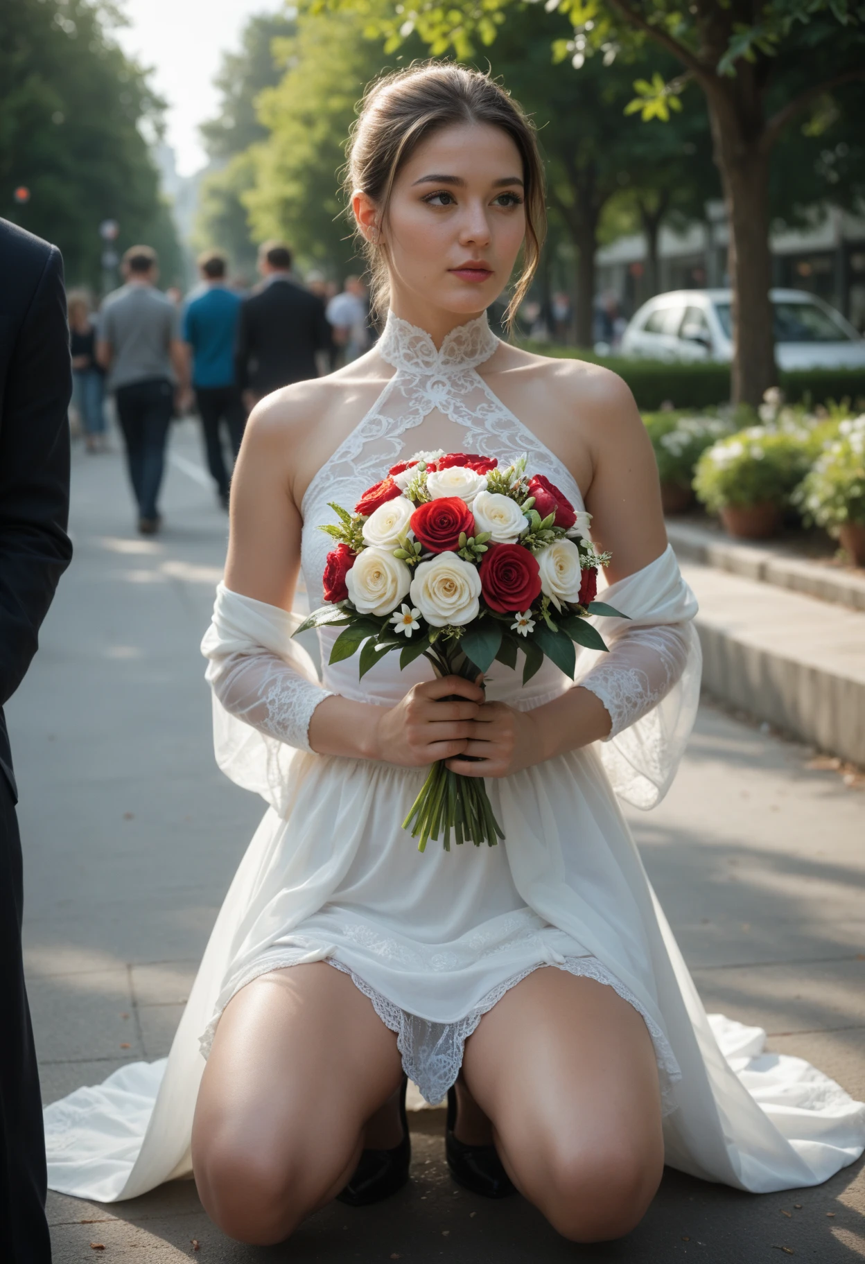 absurdres, RAW photo, extremely delicate and beautiful, masterpiece, Best Quality, ultra high resolution, 16k, hyperrealistic, realistic, photorealistic, photo-realistic, ultra-detailed, perfect anatomy, super Detailed skin, perfect figure, Very detailed CG 8k wallpaper, nude, pussy, shaved pussy, nipple, perfect nipple, perfect breast, round breast, small head, perfect fingers, (full body :1.2), super white skin, standing, kpop idol, nude, blushing, windy, sexy leg, 2 guys, nude, puffy hair, bangs, (2 guys :1.5), long leg, small breast, (nude girl), messy hair, flat bangs, sexy lips, perfect small round breast, black nails, tall man, cute hair, cute pose, no bra, (couple), teen, sexy pose, sad, police on background, angry man, small round breast, walking on the street, sunlight,, korean model, open corset, pulldown corset, gothic boy, hands all down, wedding shoes, wedding heels, full body tattoos, colourfull tattoos , bottomless man, no wearing pants, ( all hands down) , show pussy, breast out,pink nipple, (nude girl), open dress, no wearing bra, nude girl, open corset, pull down corset, breast out, horny, nude girl, angkle heels, windy, open leg, boots heels, holding bouquet flowers, many people take photo on background, (many people on background), many paparazi, (paparazi), walking fast, very long wedding skirt, red carpets, open mouth, cry, angry, sad, wearing full black sun glasses, black sunglass