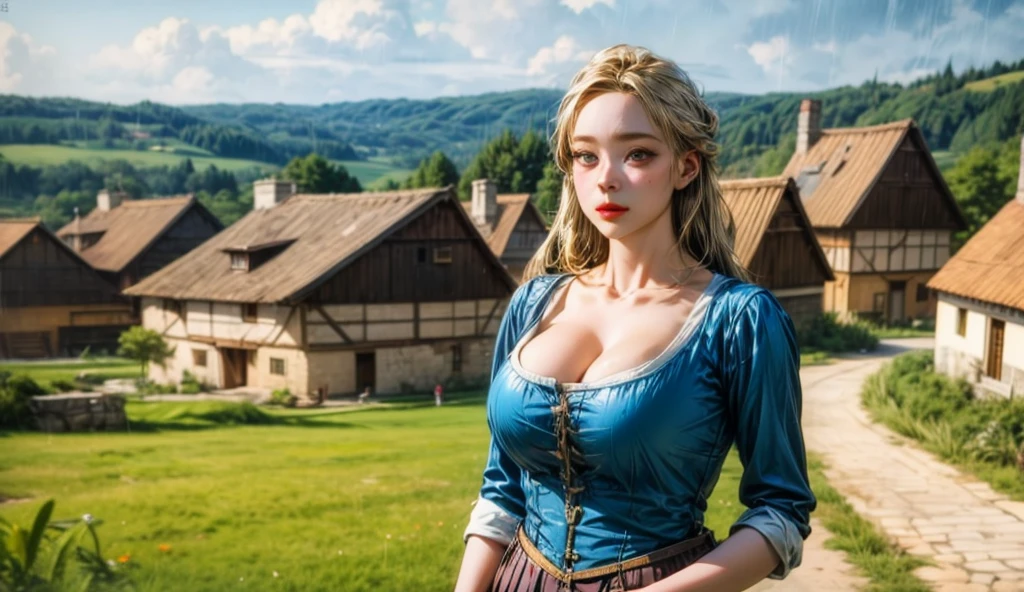 female, looking at viewer, smirk, wavy blond hair, blue eyes, huge breasts, wearing a dirndl,  crossed arms, german village, mountain river, bridge,