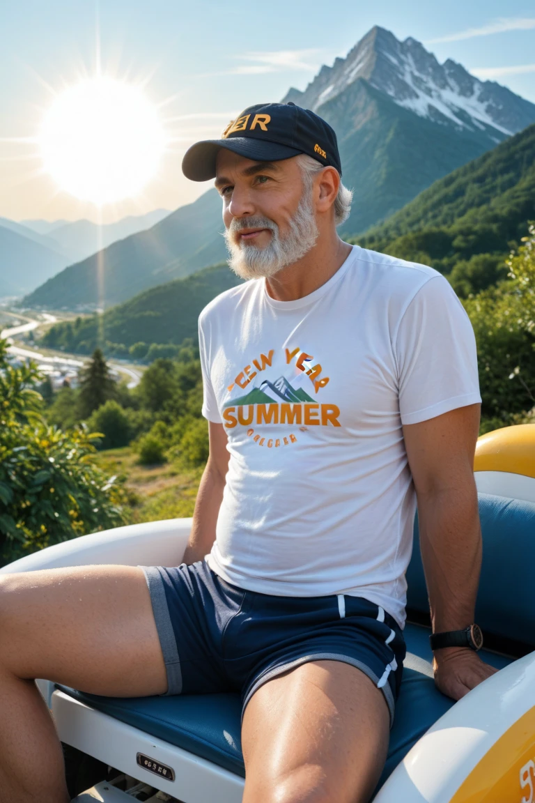Man with an athletic body of about 55 years old in a river, with white shirt