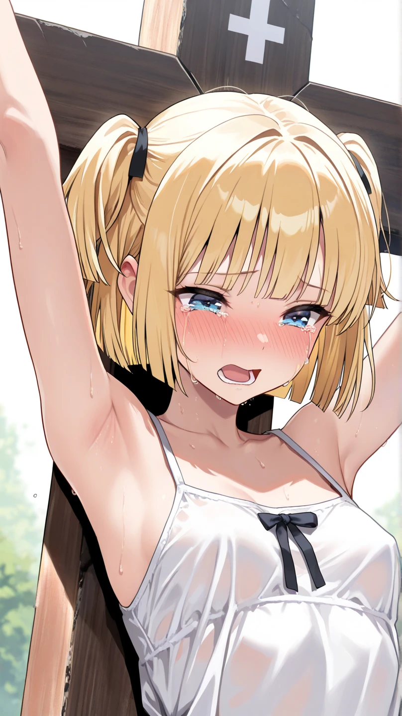 1girl, nsfw,okita, yellow eyes, blonde hair, short hair, ahoge, hair bow, black bow, large Breasts, nsfw, nipple, naked, empty eyes ,Abandoned amusement park, frozen, Wet, crying ,crying, Naked, , (1girl) solo, Peeing, lactation, projectile lactation