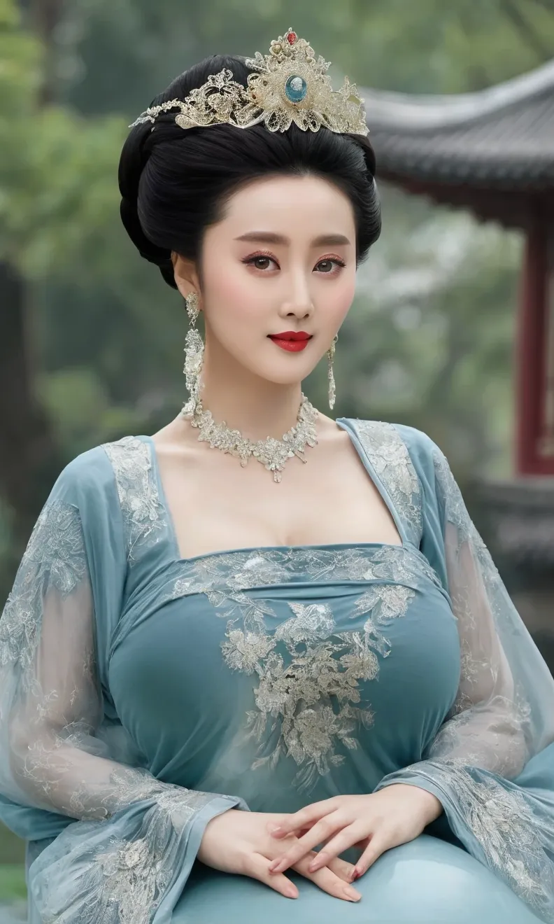 Chinese actress Xu Xun in The Legend of Ruyi (Zhou Xun) A Qing dynasty Empress standing in the foreground, showing her large breasts, her hairy pussy and underbelly, naked without underwear on the cobblestones outside a Chinese palace during the Qing dynasty、Chinese empress hairstyle big crown