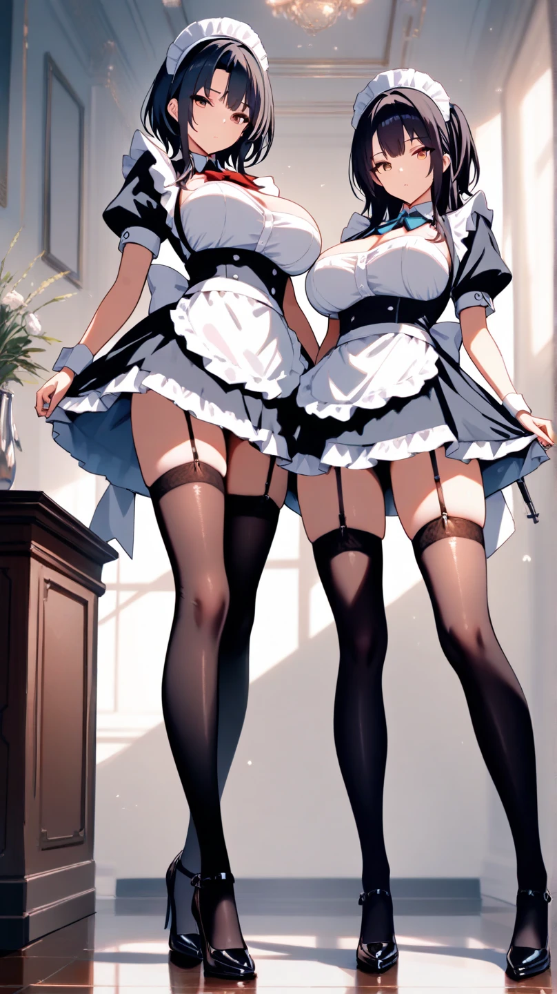 Full body photo of beautiful sexy maid in very short skirt and seamed stockings, stands_straight, (solo)), adult, office, high heels, craving, strokes_herself