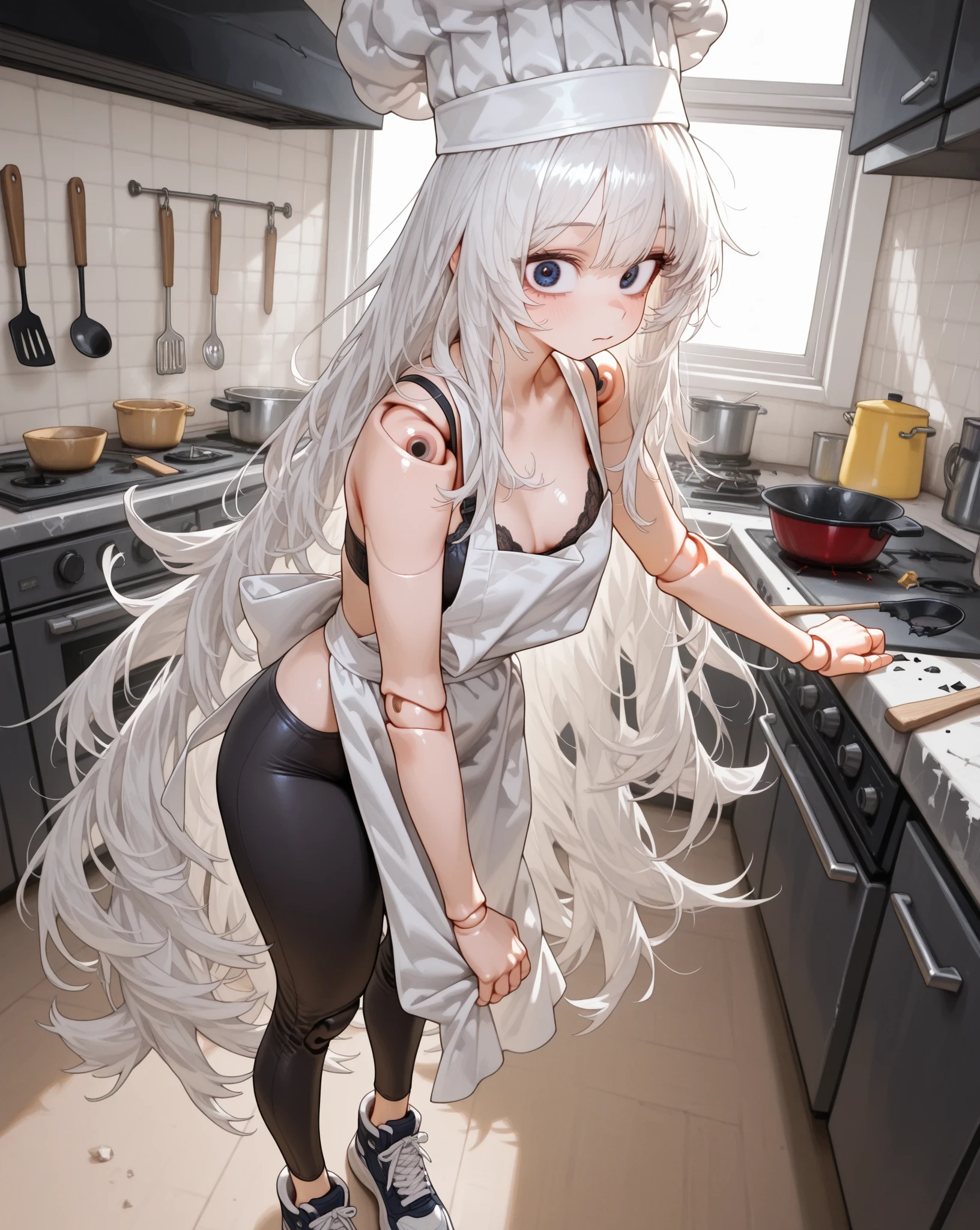 (masterpiece:1.3),(highly detailed:1.3),(highres:1.1),best quality,Ultra-detail,1girl,solo,kitchen,jelofolkwang,naked apron,((white apron)),ass,sideboob, unclear clothes , white pantie, ((perfect body)), salon,((take off pantie)), legwear ,hand pantie 