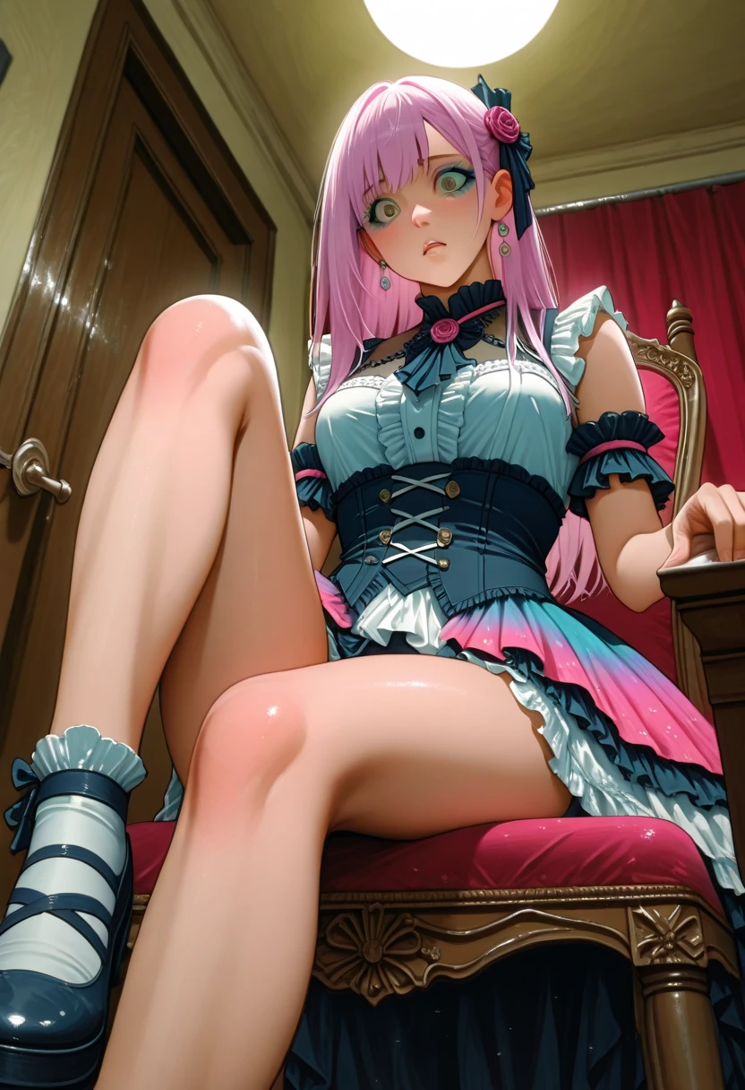 Beautiful illustration, Best Quality, (cute petit girl：1.3)、 (underground room), flat chest、Clean naked, Long crimson double-sided upholstery, Beautiful blue eyes, Cinematic lighting, naked and chained to a collar、Lori。wearing only white underwear。Hands and feet are also tied with chains..。。The crotch is open。Pink twin tails、Chained、I want to escape、knees are open。is crying