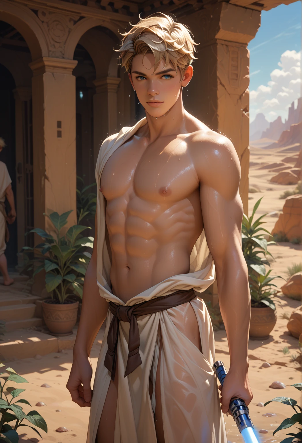 1boy, bulgej8, full body shot, full body angle, full hd, arms detail, body detail, legs detail, face detail, feets detail, hands detail, slender body, soft youthful face, white cold skin, standing, short dark blonde shoulder-length hair, slip underwear, detailed short-sighted on the feet, immense and grand stone staircase in the desert with big rocks, Lake with shining water and the trunk of a huge tree lying on the ground, sand floor, dynamic divine pose, divine work of art, surreal fantastic aesthetics, an afternoon sky as seen in the background, dramatic lighting, full body, body hairless, dominating, white or white skin, gighly light, highly detailed, looking at the audience, photography, detailed skin, real person, crazy detail, hype maximization, lighting complex detail , Highly detailed, Digital painting, artstation, concept art, smooth, sharp focus, illustration, Unreal Engine 5, art by Ross Tran and Greg Rutkowski and Alphonse Mucha, Show men only .8k Ultra HD, dslr, dim lighting, high quality, film grain, Fujifilm XT3, 2-person, two-person model. hype surrealism, hype surrealism, by Shen Quan, perfect body, beautiful young male model, an attractive man 18-2 aesthetic, Sunshine sports student, asianboy, bulgej8, Noosphere, fantasy dark, light and cold aesthetics, handsome boy, 1boy,