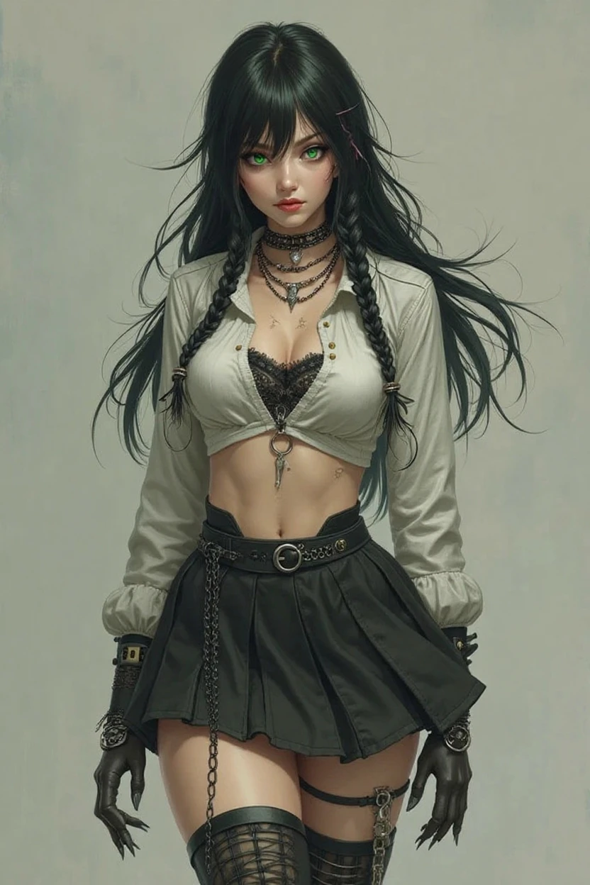 1 in hippie outfit with small breasts (Gothic style) torn skirt, sexy body proportion, messy black fur, small breasts torn skirt ruddy and shy, classic horror movie vibe, Euro-trash, Intricate, high detailed, necessary, dramatic realism art, 