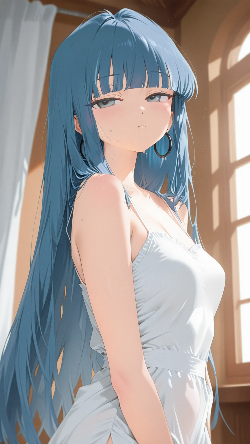 japanese, woman, 18 years old, blue hair, long hair, sexy, giesha, top less, blue clothing