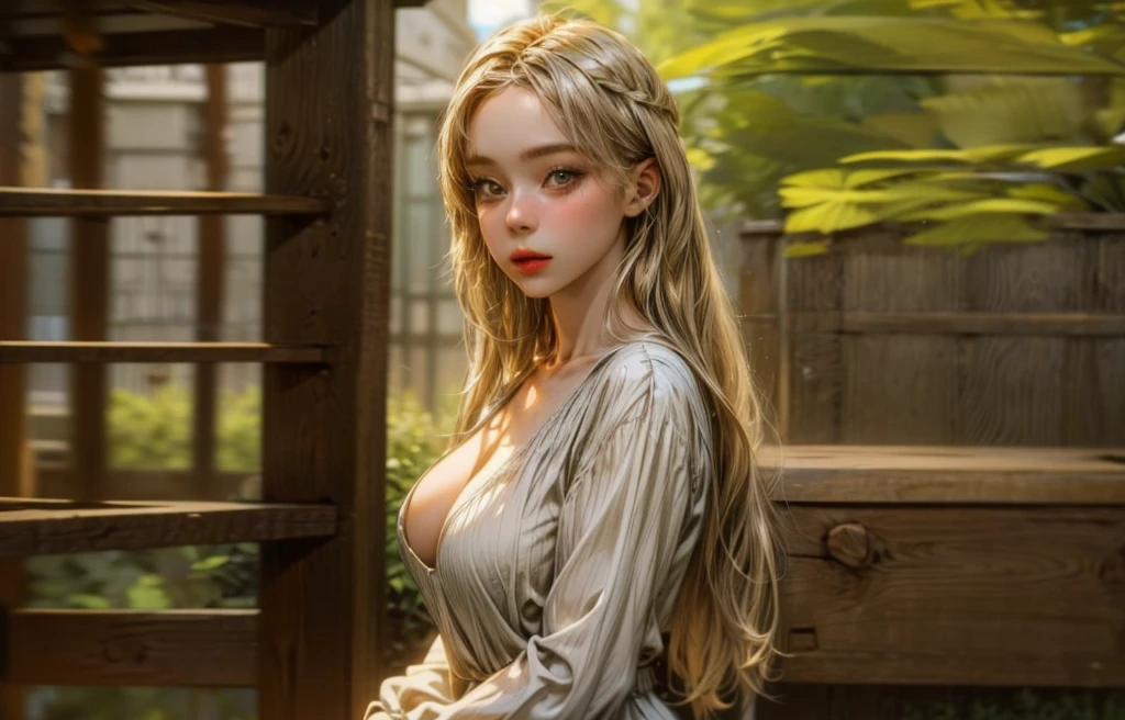 masterpiece, a painting of Guinwen by Crvgg, Guinwen as a young maid, 8k, 1 girl, realistic oil painting, pretty face, Face of Guinwen, beautifully detailed eyes, muito detalhado, blond hair, blonde hair, gray eyes, visible waist, large breasts, huge breasts, full cleavage, Hairline, in the background a medieval farming village, Farmers in the background, Peasant dress, fully clothed, Mediovale, Portrait, Fields in the background, small farmhouses, full body, oil painting, nipples showing,