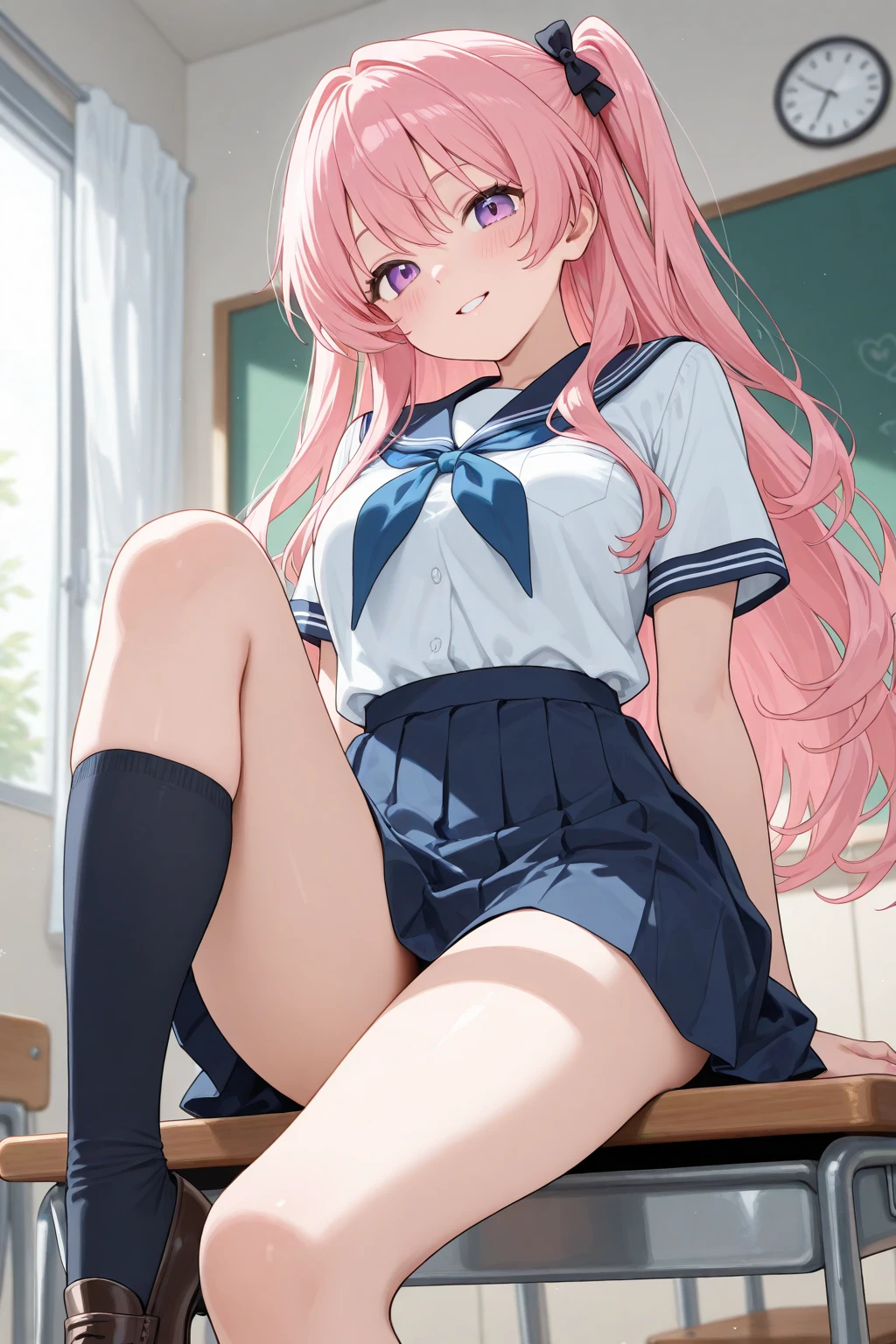 32k, best quality, ultra high res, HDR, UHD, extremely detailed CG unity 32k wallpaper, (cute gal), classroom background, peer in from below, ultra quality hair, pink hair, navy sailor suits, beige cardigan, ultra quality eyes, purple eyes, smile, side ponytail, (showing panties), sit on a chair with your legs spread,