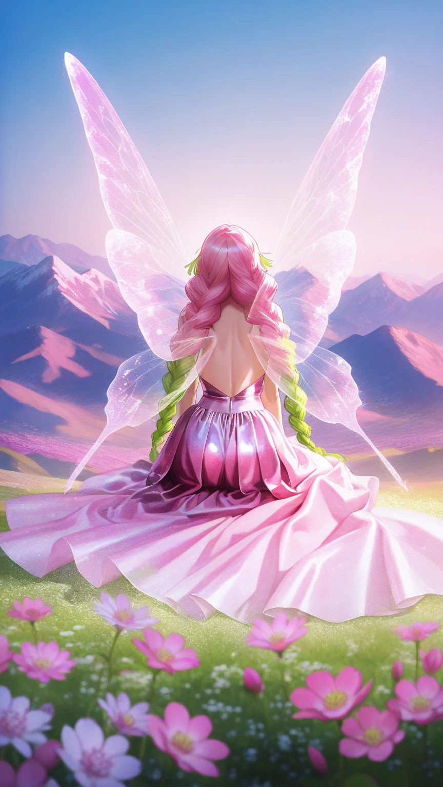 A little princess with big watery eyes, iridescent colors, intricate golden details, flapping wings, wearing a white princess dress, standing in the distance, pink clouds, pink forest, glowing mushrooms, multicolored crystals, fantastic castle, picture is pink main color, watercolor painting by Katy Daisy and Anna Befort, blonde, wavy hair, sparkling, glowing, anime style, romanticism, depth of field, backlight, vignetting, projection inverted, vanishing point, panorama, bokeh, uhd, uhd, uh, High quality, high detail, best quality, high resolution, 8k