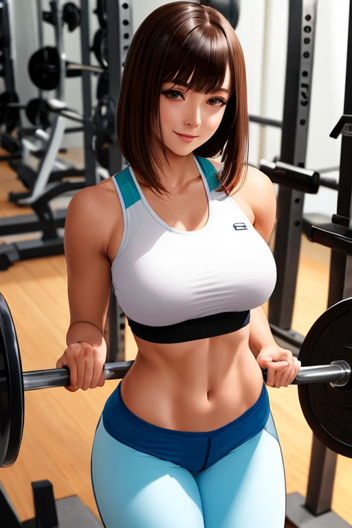 A sexy girl, she has the biggest breasts in the world, she is at the gym, wearing a white bra, and OPEN jeans showing her white panties