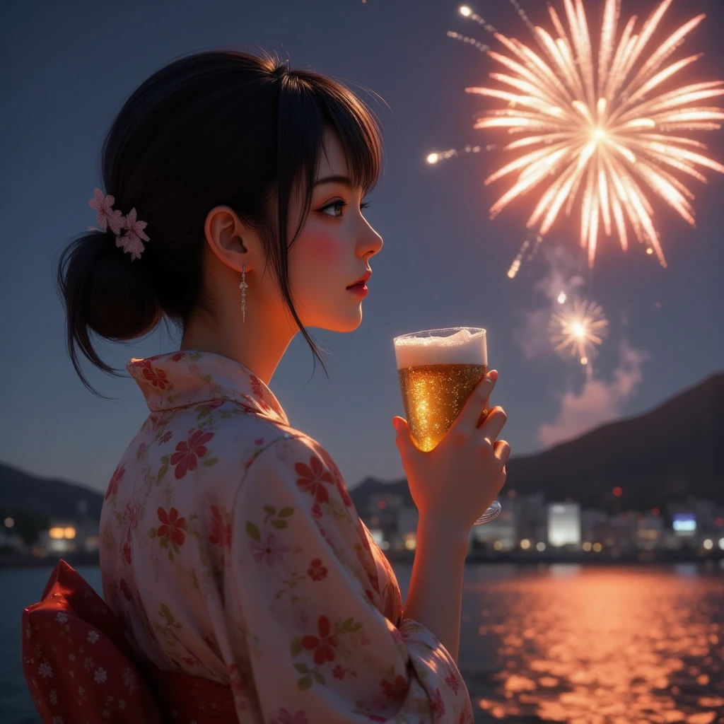 Drunken Girl, Yukata, firework, can of beer