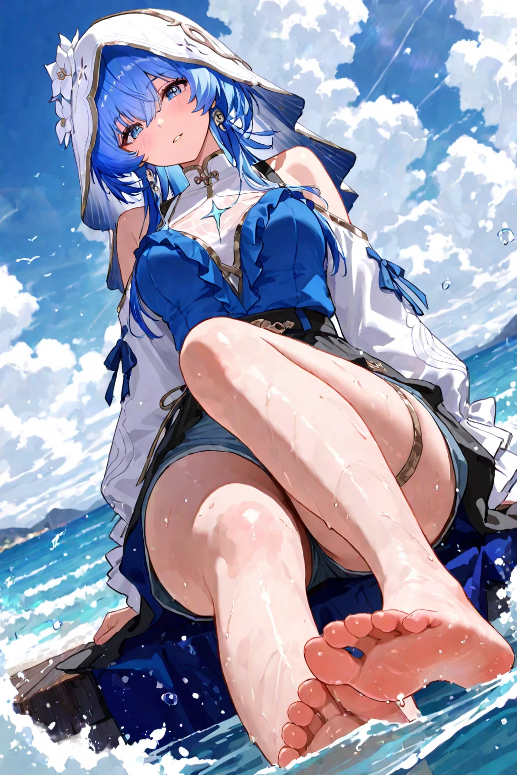 The ultra -The high-definition、high-level image quality、top-quality、Full limbs、complete fingers、Beautuful Women、1 persons、embarassed expression、ssmile、White School Swimsuit、knee high、Indentation、standingn、Grow legs、Summer Beach、cinematlic lighting