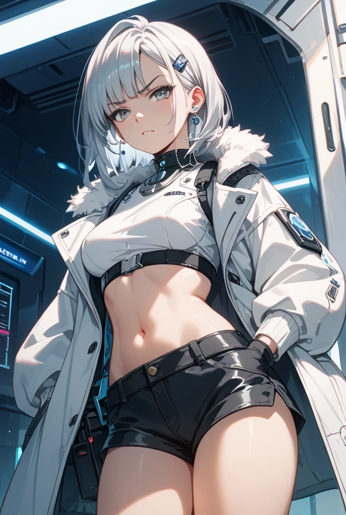 Young girl, short gray hair, gray eyes, high ponytail, cyberpunk, white top, open belly, shorts, furcoat, masterpiece, high quality, SilverWolf