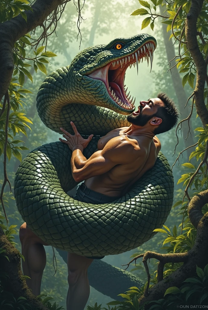 A man sitting and red anaconda is around him on whole body of man and trying to eat him. On a small rock in ocean 