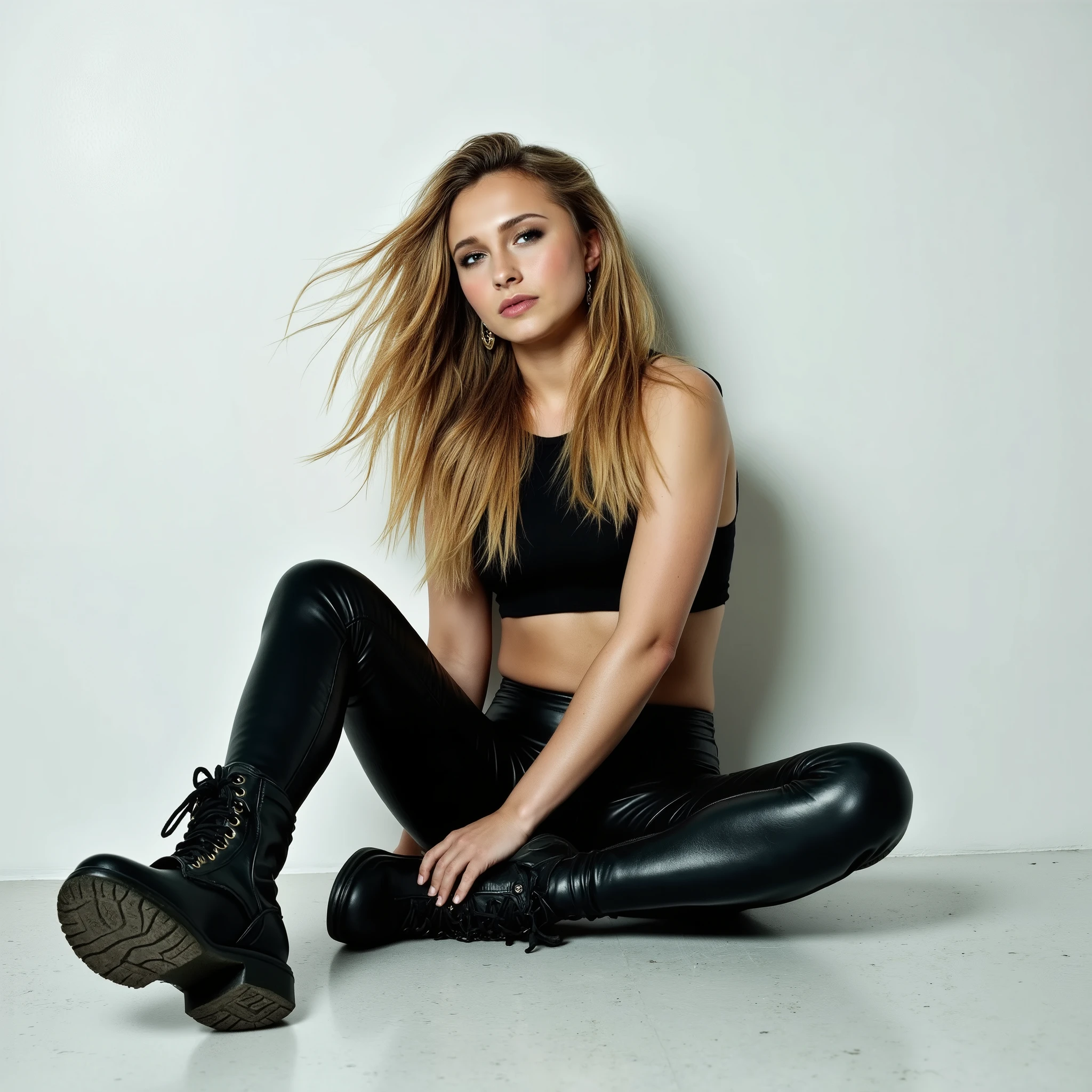 arafed woman, This is photograph featuring a young woman with long hair. She is seated on the floor against a plain white wall, with her legs bent and her feet extended towards the camera. Her attire consists of tight, glossy black leather pants that have a high shine and reflective texture, and a cropped black tank top that exposes her midriff. She is wearing chunky, rugged boots with a rough texture and visible wear, adding a sense of toughness to her overall appearance. Her facial expression is neutral, with a slight tilt of her head and a direct gaze into the camera, creating a sense of introspection. The background is minimalist, consisting only of the plain white wall, which draws focus to her and her attire. The lighting is soft, casting subtle shadows that enhance the texture of her clothing and the ruggedness of her boots. The image has a gritty, urban aesthetic, emphasizing the juxtaposition of her stylish yet edgy attire with the stark simplicit, This is a high-contrast photograph featuring a young woman with long hair. She is seated on the floor against a plain white wall, with her legs bent and her feet extended towards the camera. Her attire consists of tight, glossy black leather pants that have a high shine and reflective texture, and a cropped black tank top that exposes her midriff. She is wearing chunky, rugged boots with a rough texture and visible wear, adding a sense of toughness to her overall appearance. Her facial expression is neutral, with a slight tilt of her head and a direct gaze into the camera, creating a sense of introspection. The background is minimalist, consisting only of the plain white wall, which draws focus to her and her attire. The lighting is soft, casting subtle shadows that enhance the texture of her clothing and the ruggedness of her boots. The image has a gritty, urban aesthetic, emphasizing the juxtaposition of her stylish yet edgy attire with the stark simplicity of the background.