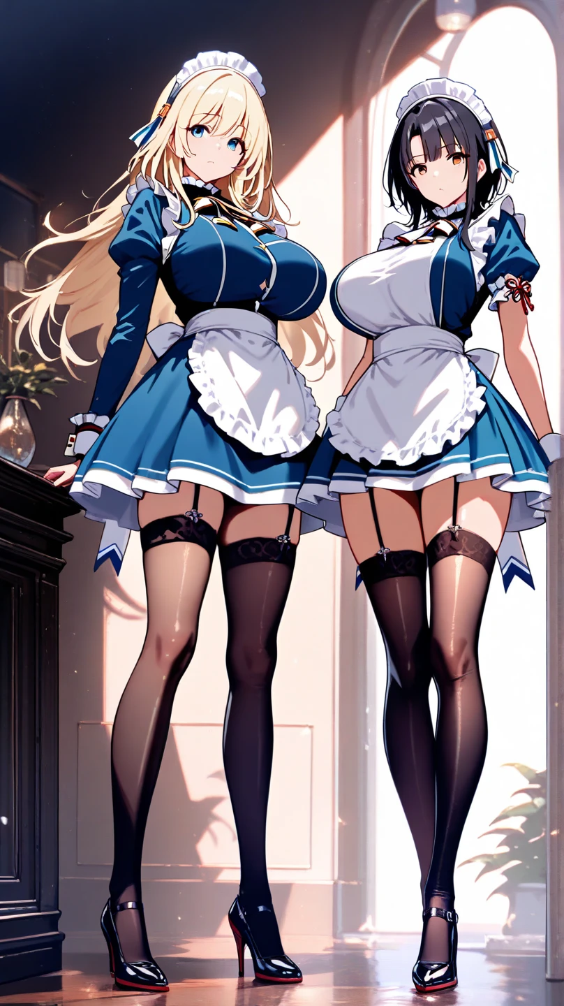 ((highest quality、High resolution、masterpiece))、(((2girls))), Portrait、A beautiful woman、Perfect body、beautiful ample breasts、Long blonde、Maid、No panties、Embarrassed、(((I'll lift my skirt and show you my pussy)))、Love juice