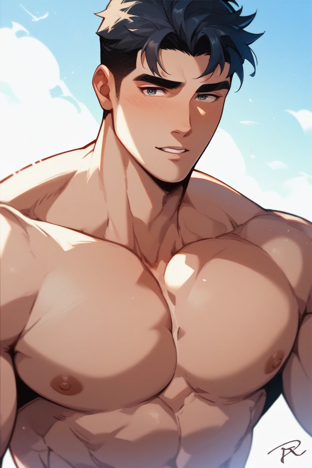 A strong and handsome 23-year-old Middle Eastern man, with a sculpted physique, confidently dressed in a baseball cap and a stylish speedo, highlighting his striking cleft chin and muscular arms. Gigachad.