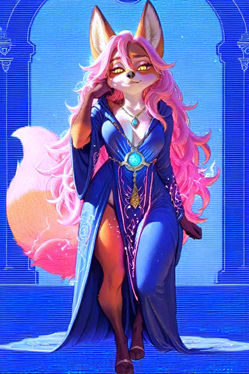 masterpiece, high quality, a look at the viewer, highly detailed, intricate details, This magical creature, an anthropomorphic female fox, stands with a graceful, curvaceous form against the backdrop of a dark forest. Her fur, a blend of midnight blue and shimmering silver, glows faintly in the moonlight. Intricate patterns of luminous white and violet adorn her body, pulsing with magical energy. Her large, almond-shaped eyes are an icy blue, reflecting forest mysteries. Long, delicate ears with silvery tufts and a luxuriant tail with violet and white patterns add to her allure. Her body is covered in thick, plush fur, especially around her chest, where it forms a dense, soft mane that partially conceals her form. She is draped in a flowing mage's robe that covers her body, the deep indigo fabric adorned with mystical runes and symbols, adding to her ethereal presence. Slender limbs end in delicate paws tipped with pearlescent claws. This enchanting female fox exudes an aura of ancient magic, her appearance a blend of natural elegance and otherworldly enchantment.