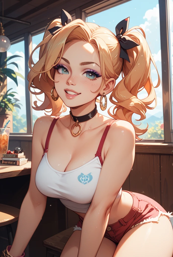 40s One woman Provocative smile White tank top shirt, tattoo, beautiful blonde Long Hair ponytail A worn-out bar Bourbon Perfect and detailed facial expression Perfect and detailed eye depiction Perfect and detailed hair Perfectly detailed upper body Perfect and detailed breast depiction Perfect and detailed depiction of the chest T-shirt