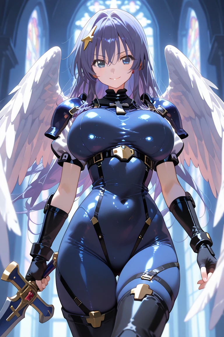 1girl, large breasts, breasts, thick thighs, wide hips, pink hair, very short hair, hair ornament, ornament, blue eyes, white bodysuit, bodysuit, futuristic, science-fiction, tech, machinery, angel wings, thigh strap, cutout, hip vent, cleavage, serious, glowing eyes, cameltoe