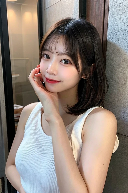 ((top-quality、8K、​masterpiece:1.3))、1girl in、Pretty woman with accentuated slender abs:1.3、(Random Hair Styles)、dressed casually:1.2、in a house、hyperdetailed face、A detailed eye、二重まぶた、Emphasis on the chest