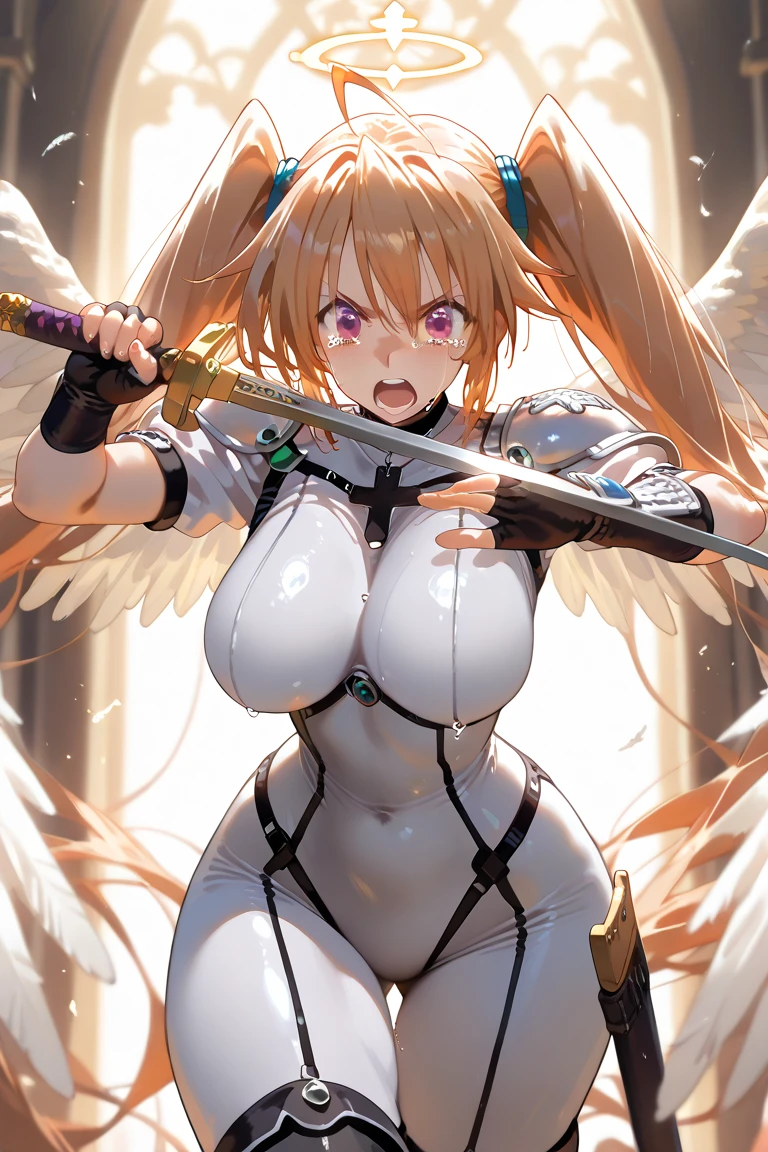 (masterpiece, best quality, ultra-detailed), 1girl, Ikaros, pink hair, esmerald eyes, collar, white armor, looking at viewer, standing