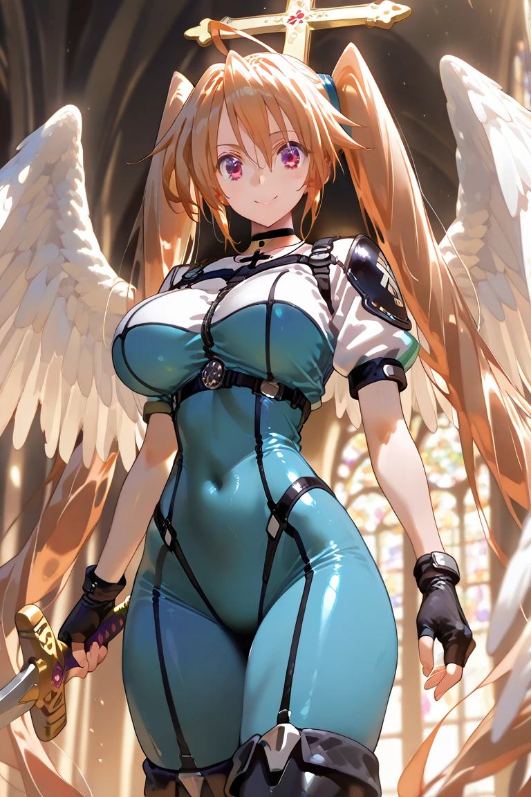 (((masterpiece))), (((best quality))), ((ultra-detailed)), (illustration), ((an extremely delicate and beautiful)), ((super detail)), ((high resolution)), (((20 years old))), metallic cloth, (maid), (android), ((mechanical wings)), delicate metal decorations, gleaming skin, shiny body, two legs, breast focus, (((tall))), slender legs, ((big round eyes)), cute eyes, drooping eyes, ((adult)), two hands, five fingers, no extra hands, elegant smile, braid, medium length hair, ((metallic blue)), (see-through), (dark blonde), (ultra-huge breasts), (((safe for watch))), (shining brightly), outdoor, mini skirt, city, daytime, ((biopunk)),