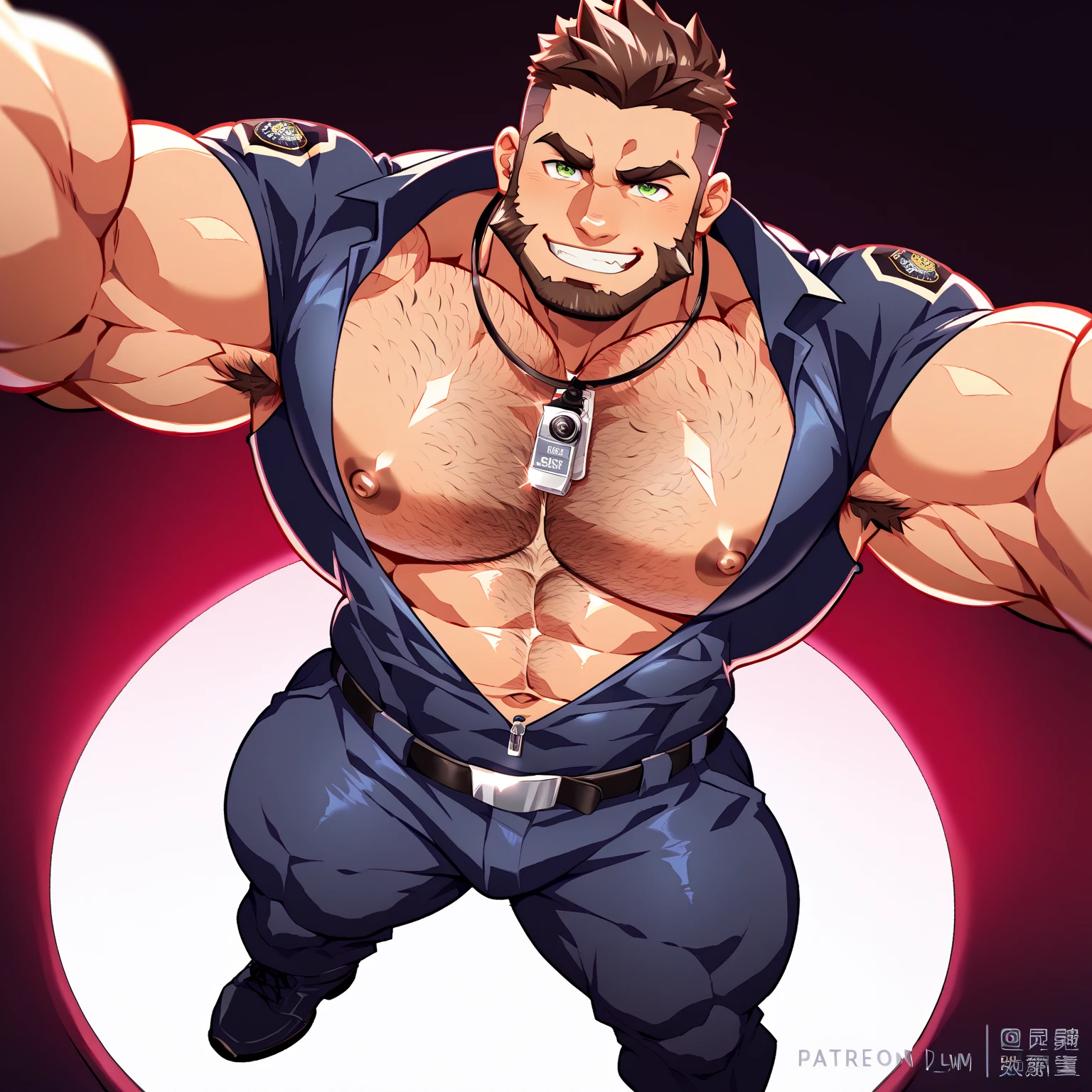 absurderes, hight resolution, 1male people, full body visible (Magazine covers:1.2), Yaoi, Stubble,clothes down, matured male, ruggedly handsome face, old face, beefy,thick dark eyebrow, Male Focus, designed beard、(wearing white thong), big bulging crotch, latex, police uniform, squatting with legs open, Detailed body,Ultra-detailed eyes,hyperdetailed face,(Gray hair:1.2),(All Back Hair:1.2)、(Very short hair:1.2),(hyper pecs:1.5),Open Claus,(Soft smile:1.2),Perfect ligthing,(A hand grabbing her breast from outside the camera:1.2)