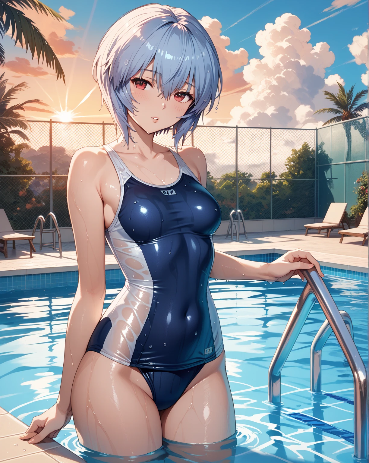 hoshimachisuisei, side ponytail, blue hair ribbon flat chest　School swimsuit wet with muddy water　Muddy water is pouring　Sweating　Fountain in a dark forest at night　Starry Sky　god々Shii　Standing in the spring