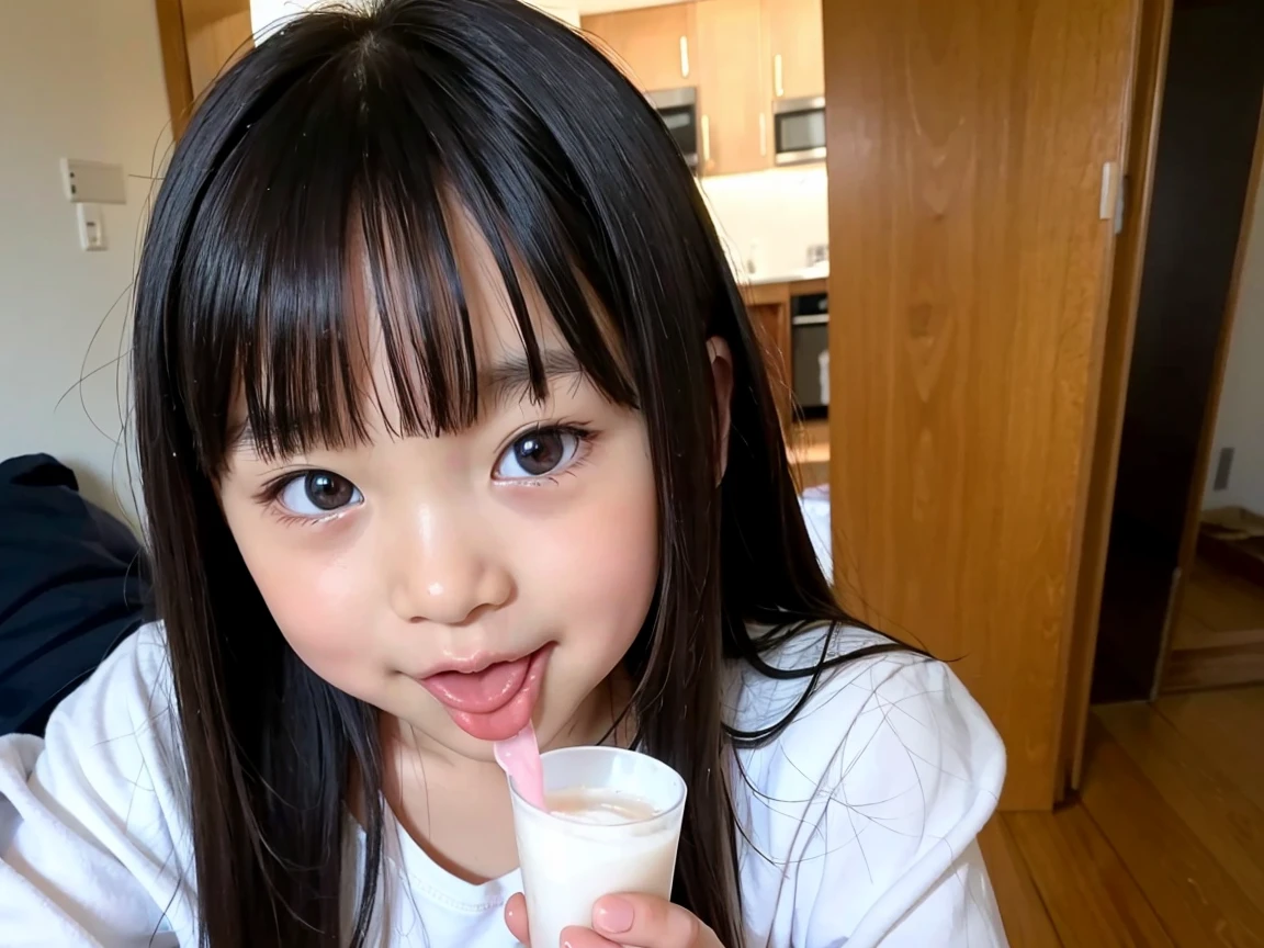A young woman with a cute face like an idol who looks just 15 years old.。Gentle and cute。Please smile kindly。She is completely naked、Bust is a little large She is drinking milk from a bottle on the sofa, looking as cute as a . Raw photo real genuine real life No copyright notice