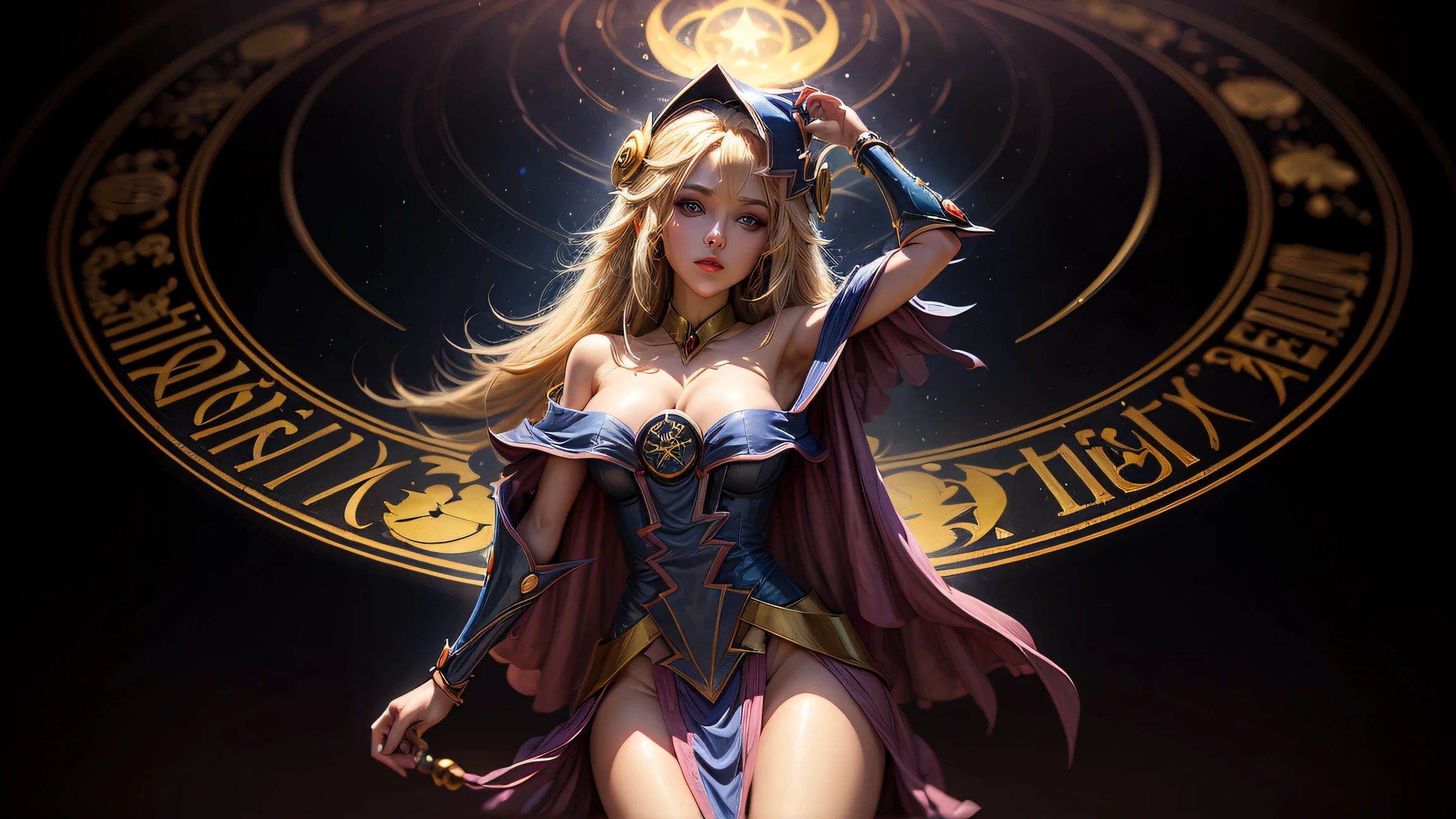 "Photograph of a dark magician and golden sorceress under the moonlight.,  atmospheric, Hora dorada, encantador, Oscuro y encantador."
