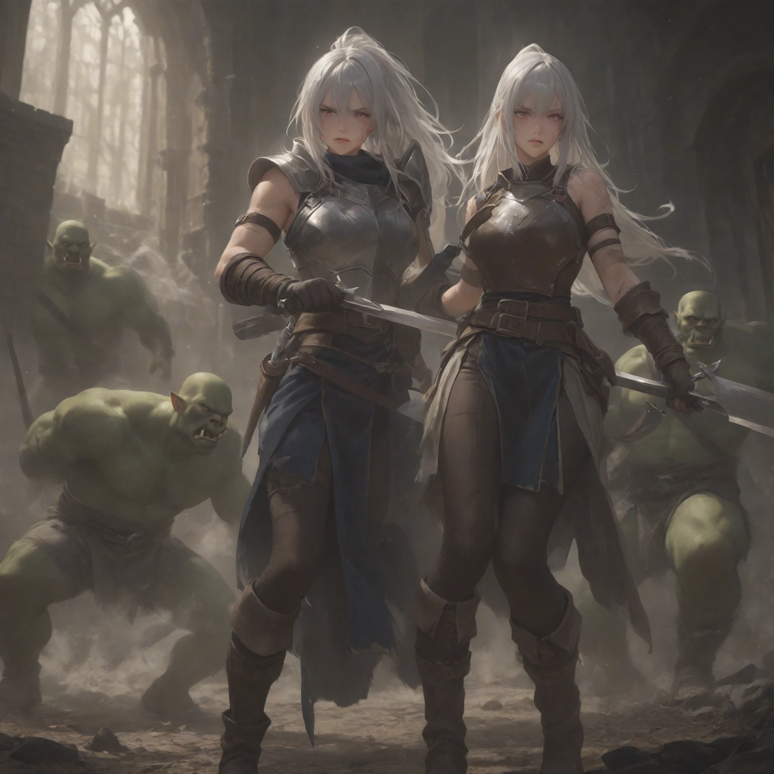 Dungeon background Three female knights naked, defeated, crawling on all fours, hips up, naked, wounded, tortured, pierced, whipped, pumped, beaten, tits, long hair, blonde, bondage, wounds, shackles, handcuffs, sadness, pain, sadness, tears, guillotine beheading
