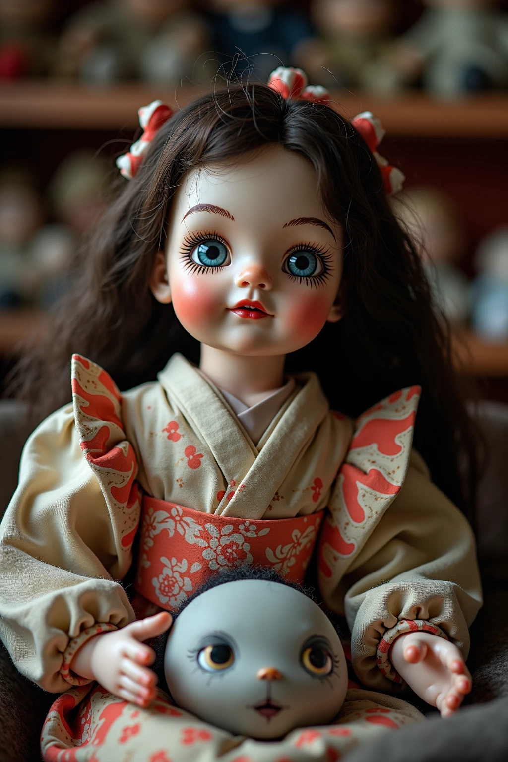 Dark fantasy, Thick Fog, ((Close-up on the doll))、canon 35mm lens、Creepy tin doll with cute eyes and a disrobed Japanese doll, Rusted, Dirty and cracked doll, Standing and walking、Indoors in Japan houses