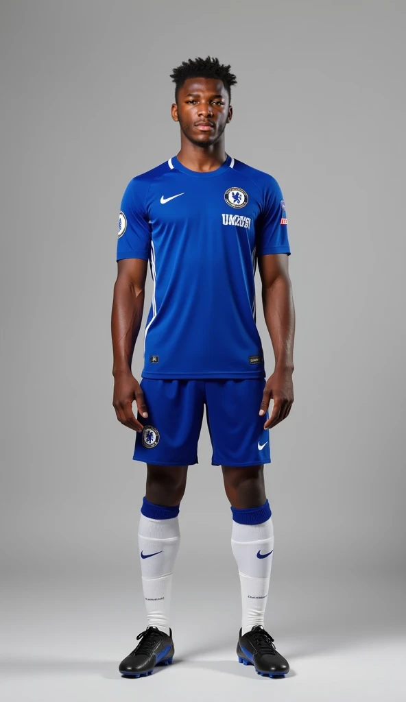 A man wearing a blue jersey and a white shorts and wearing a black skins in his forearm
and a black sockins in his leg and wearing a blue football boot in his foot