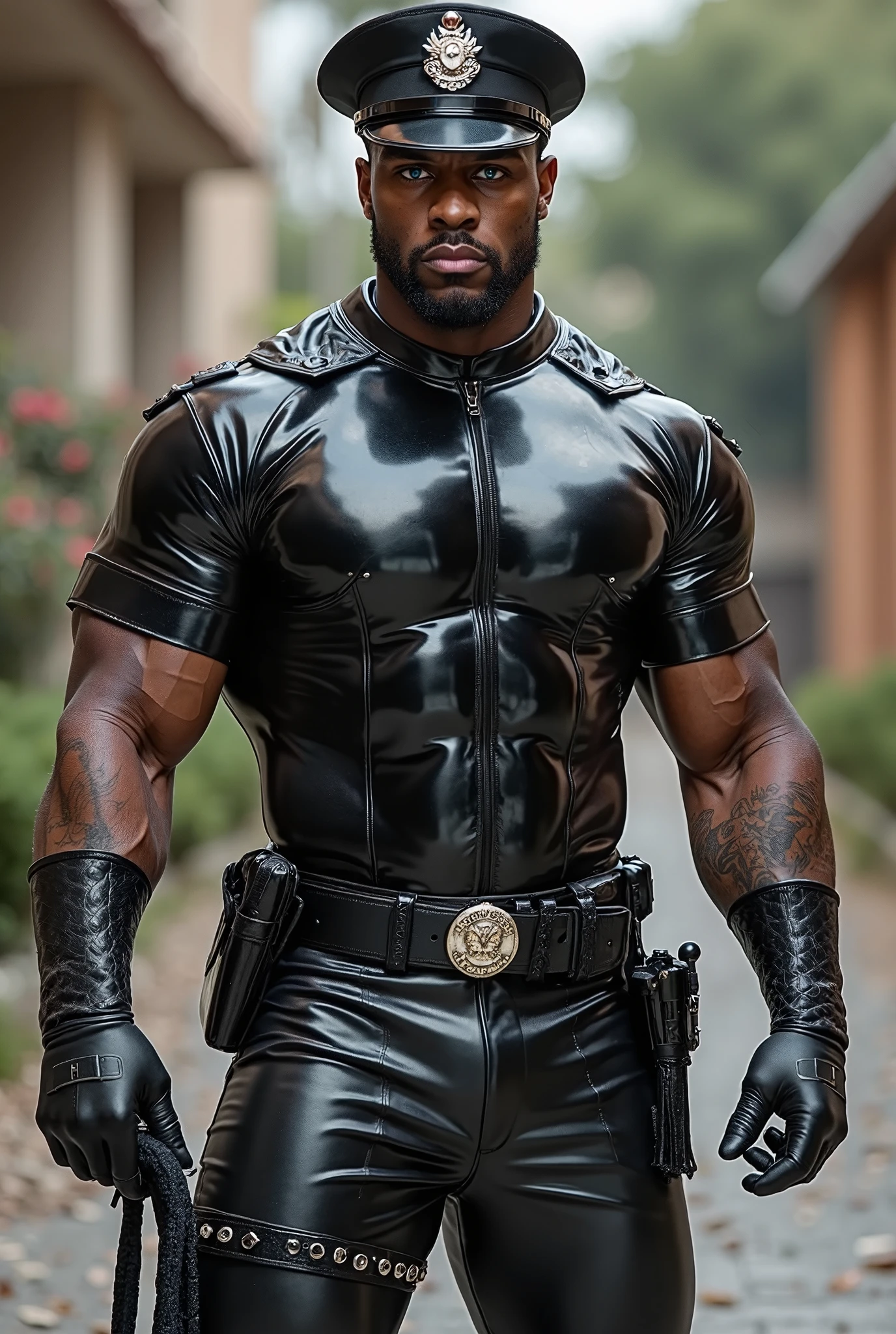 muscular man, (black skin:2), bulge, blond beard, white hair, minimal armor, perfect flacid penis, pubic hair, nature background, cinematic, photorealistic , male focus