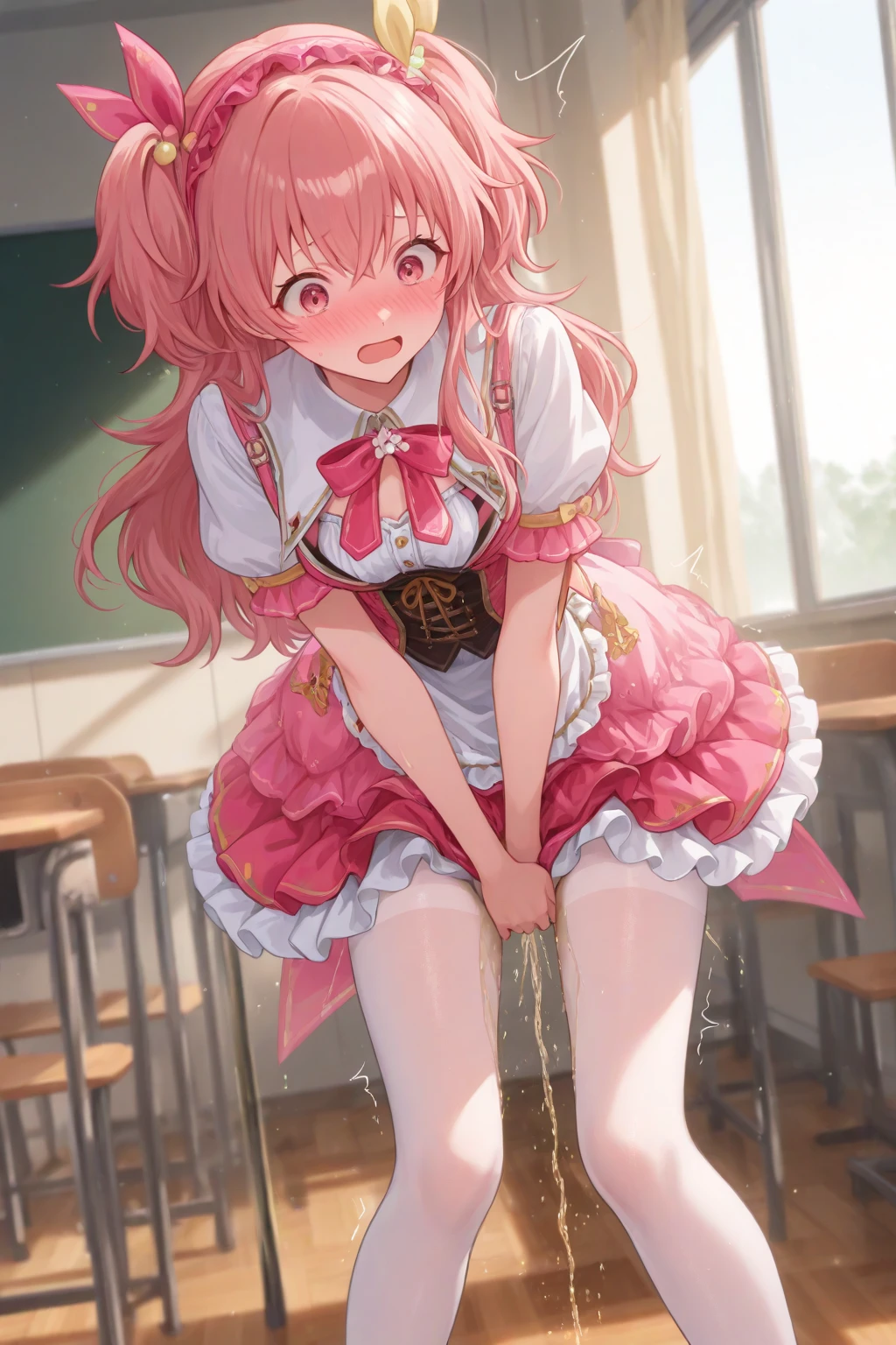 (pigeon toed:1.4), (show off panties:1.4),
(from directly below:1.4),
BREAK
(indoors,dark prison,stone construction:1.3),
(broken room,abandoned building:1.4), BREAK
1girl, solo,
ultra-detailed, absurdres, highres, clothes reflecting light, cinematic lighting, BREAK
(lace panties,white panties,lace-trimmed,frills:1.4), wearing panties, BREAK
(peeing self:1.4), (dripping urine:1.4),
A lot of urine is overflowing from her crotch,
((wet panties,urine_stain))
(urine:1.3), (peeing:1.3), BREAK
(constricted pupils:1.3), (((surprised,horrified,scared))), drooling, (saliva trail):1.3, (streaming tears,crying):1.3, (open mouth):1.2, wide-eyed,
BREAK
(Nadia Rayne,pink hair,twintails,pom_pom_hair_ornament,hair ribbons,hairclip,very long hair:1.3), BREAK
(Nadia Rayne,pink dress,ruffled skirt,frills,detached sleeves:1.3), plaid skirt, belt, blue neckwear, bare shoulders, BREAK
(black thighhighs,wearing brown boots:1.3), lace-up boots,