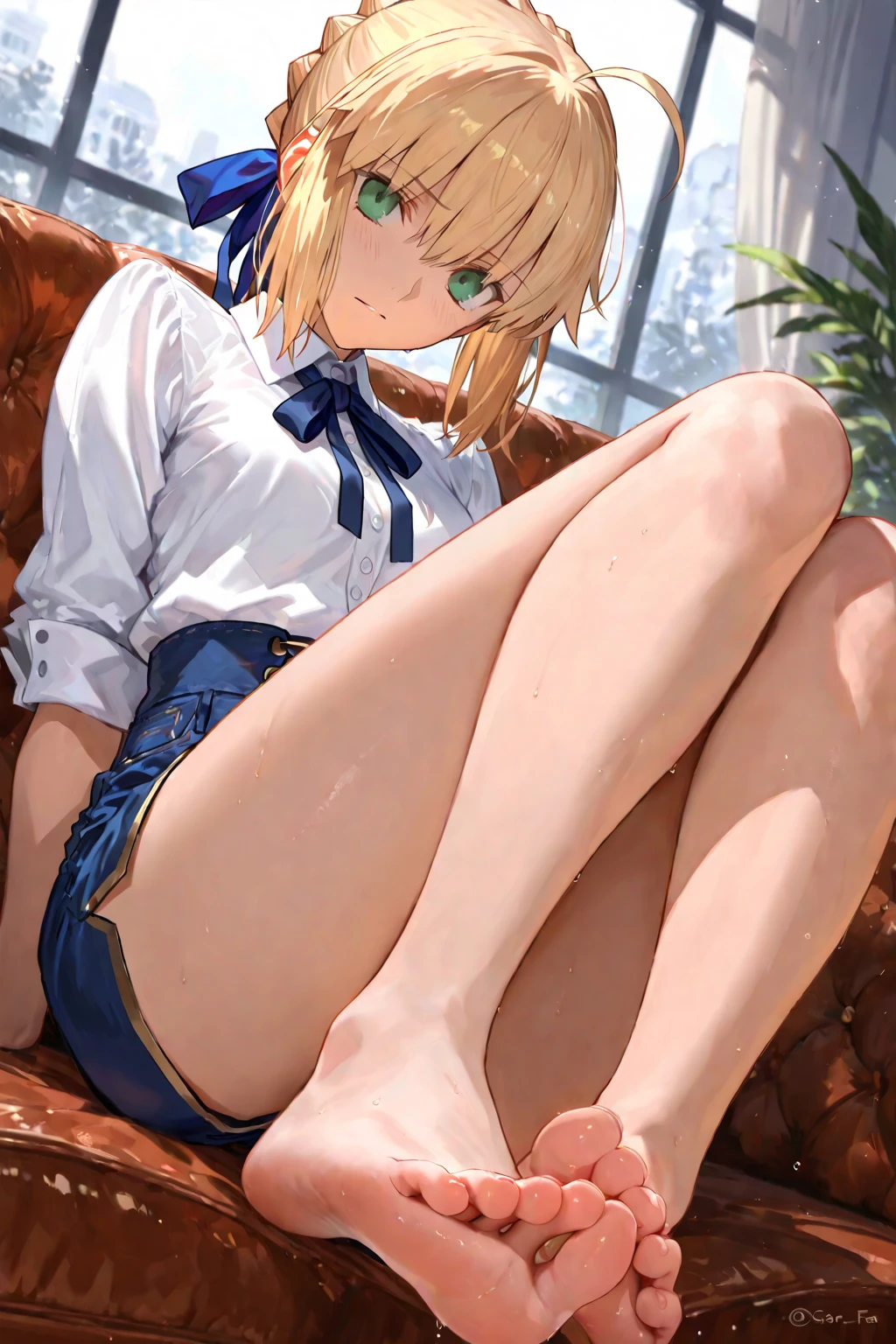 Blonde 17-year-old girl with bob cut, slanted eyes, red eyes, tanned chocolate skin, dark green sailor uniform, white sailor collar, white sailor tie,
Sitting cross-legged and relaxing, Her underwear is visible. Her panties are white with polka dots.
Shy expression