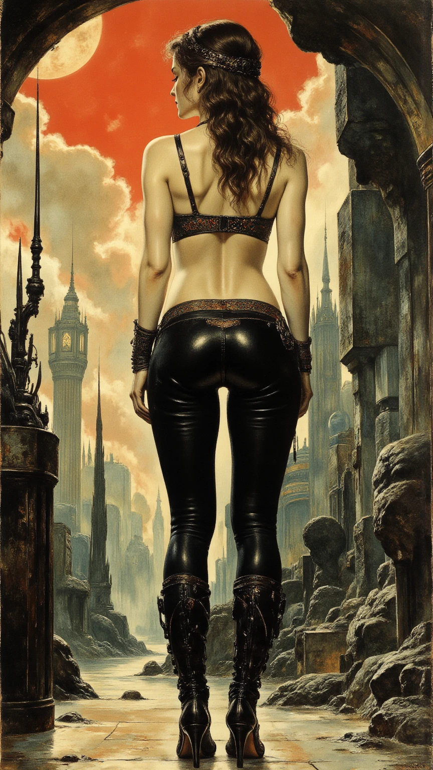 road sign in the desert rusty smooth metal panel with screwed and welded parts, advertisement with a girl in lingerie, in the distance you can see a futuristic city (Dave Mckean inspired art, intricate details, oil painting)