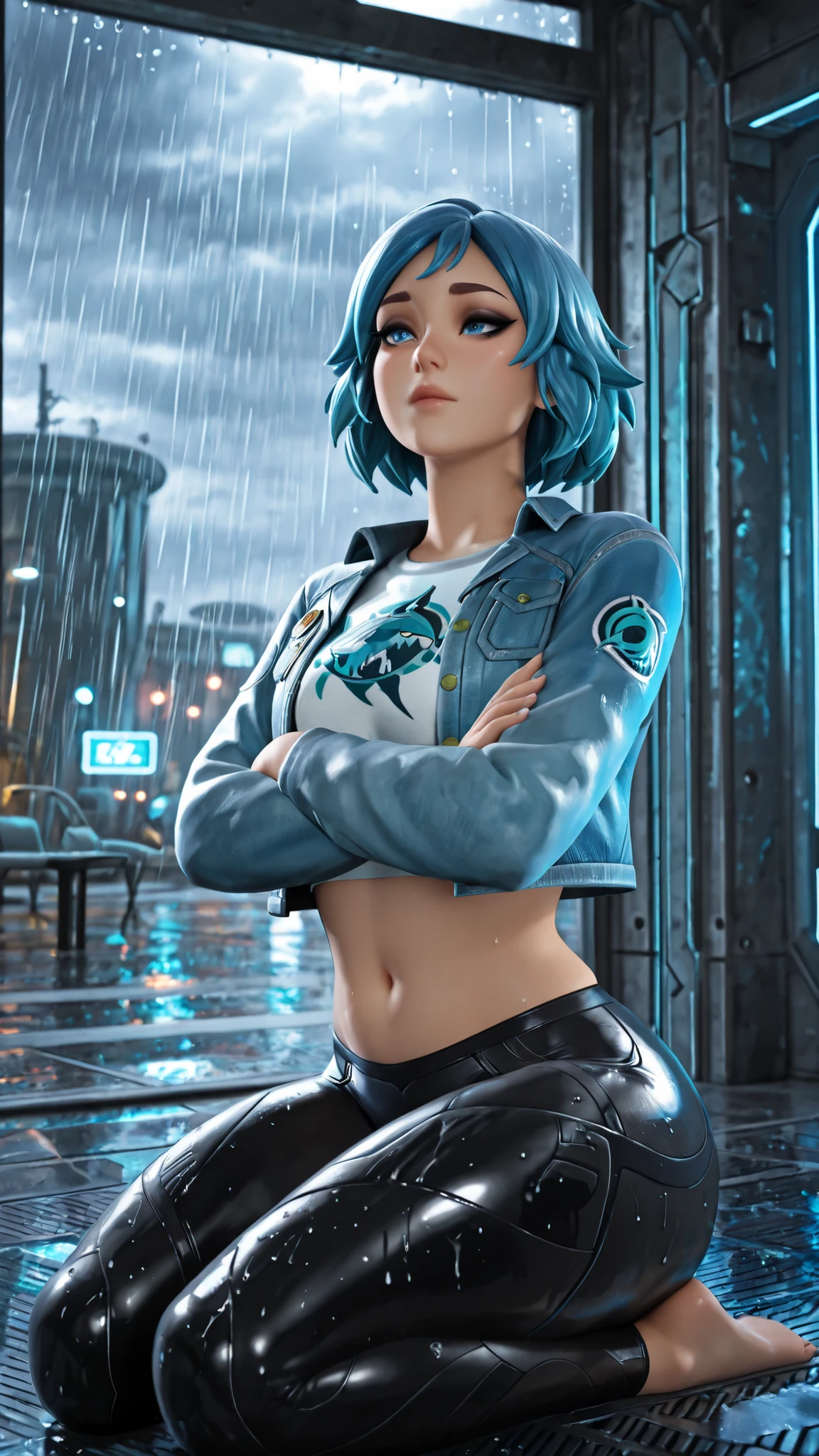 Arafed woman with blue hair and black jacket posing in front of a waterfall., next to a waterfall, waterfalls in the background, standing near a waterfall, waterfall in the background, with waterfalls, Amazing beauty, alena aenami and android jones, Amazing beauty, standing in front of a waterfall, with waterfalls, photo from behind