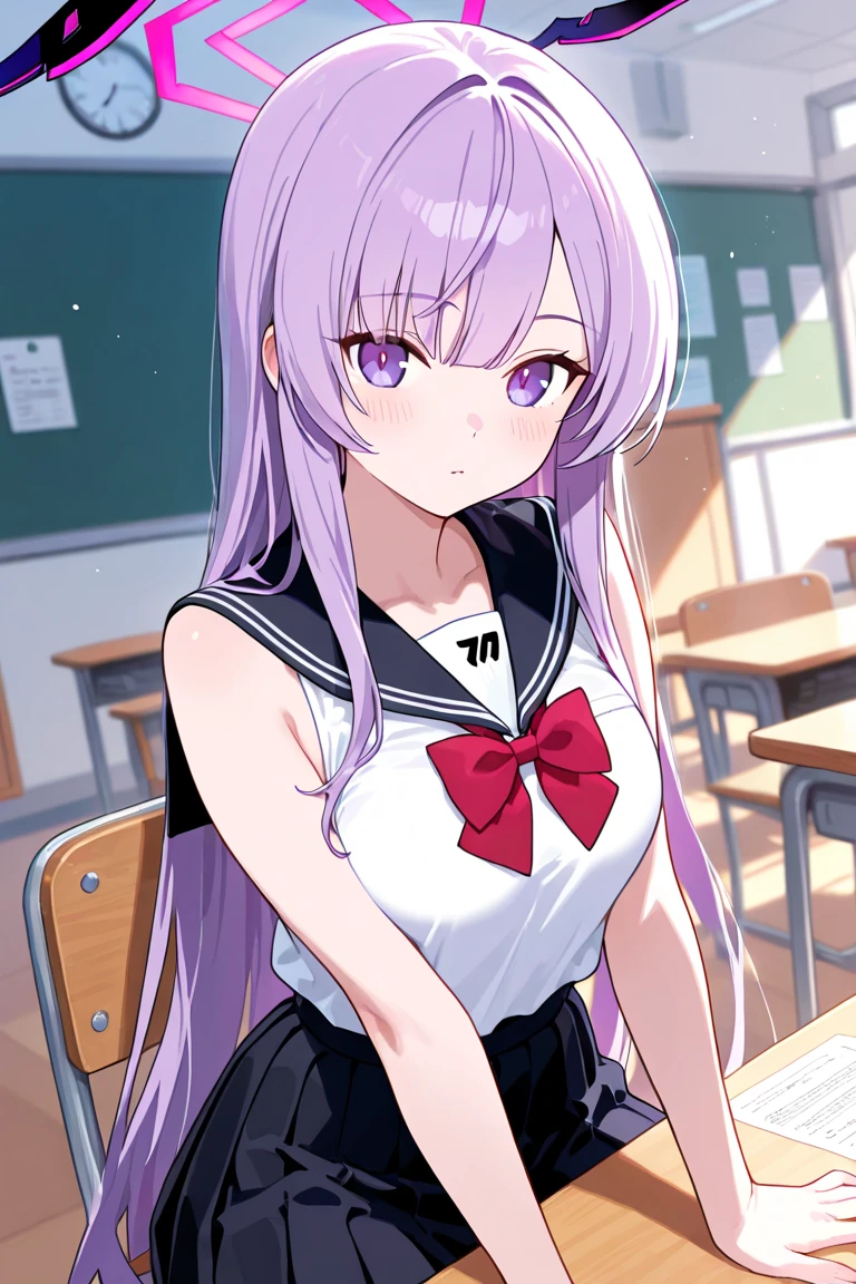 (Best Quality, 8K, High Resolution, Masterpiece: 1.2), Anime Art Style, Yukine chris, 1 Girl, Perfect Face, Perfect Eyes, Big Breasts, Silver Hair, Rose Ptails, Pink Hair, Ribbon, Purple eyes, thin pigtails, long hair, soft expression, alone, (sailor suit, miniskirt, blush, classroom), cowboy shot, audience rating
