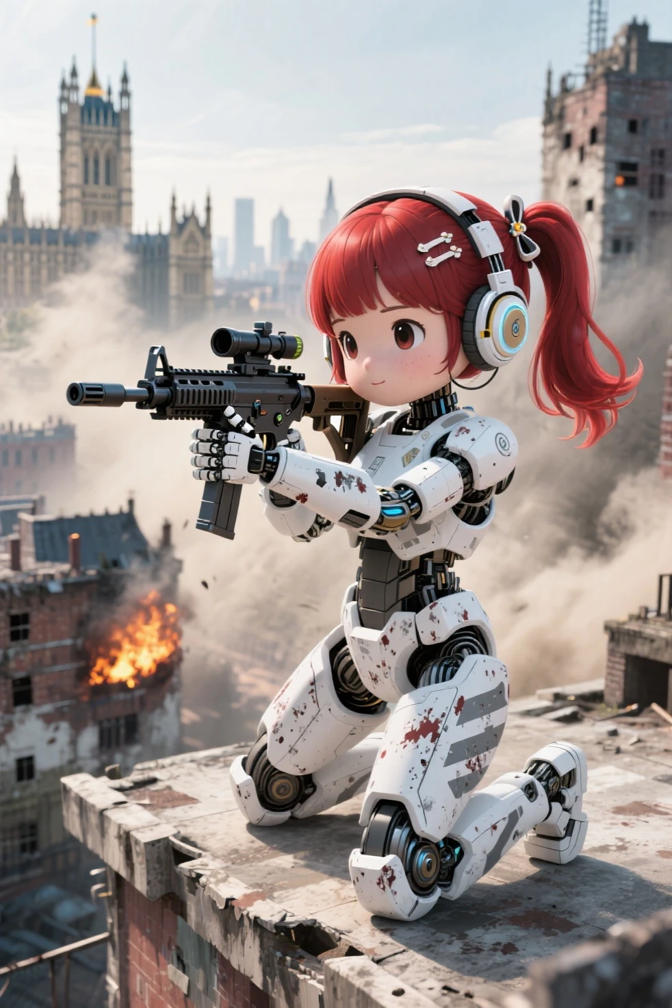 <lora:grabbygrills:1>, grabbygrills, cute anime girl with oversized gauntlets, mechanical limbs, pigtails, black hair, ribbons, frilly skirt, bowtie, cute, smashing skeleton enemies