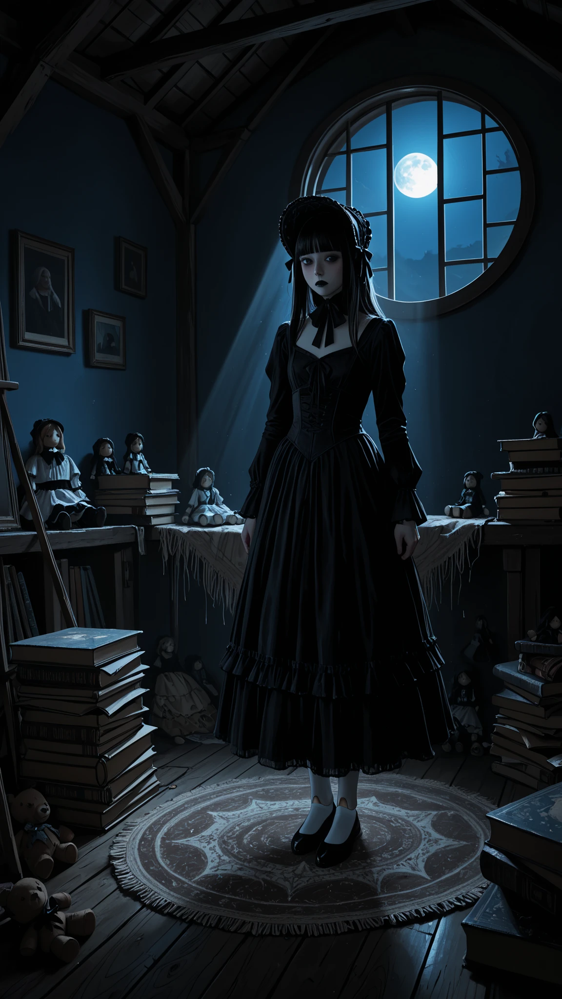 masterpiece, best quality, amazing quality, very aesthetic, absurdres, traditional media, oil painting (medium), impressionism, ((dark)), night time, dim lighting, cool lighting, blue theme, black theme, wide shot, indoors, dark room, attic, slanted roof, indoors, round window, moon beams, light rays, clutter, backlit, ((solo)), 1girl, (doll joints), standing, arms at side, petite, pale skin, porcelain skin, black eyes, black lips, expressionless, blush, black hair, long hair, blunt bangs, gothic lolita fashion, black lace bonnet, black ballgown, long skirt, long sleeves, white stockings, black footwear, ballet slippers, wooden floor, rug, dusty, dirty, ((clutter)), messy, ((cobwebs)), stack of books, toys, dolls, stuffed animals, victorian, gothic,