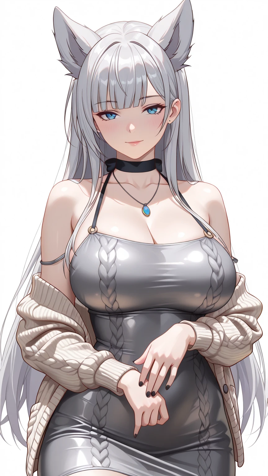 1 Female,High definition,high resolution,Ultra-realistic,8K, masterpiece, sitting, crossed legs,best quality, highres, mweob, white hair, twin braids, headband, jewelry, bracelet, brown dress, large breasts,European,sexy,Upper body close-up,Photographed from the front,Dynamic Angles,blush, medium tits, happy, wink the eye,facial, sweat