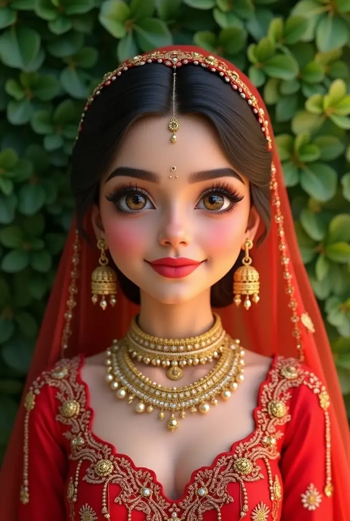 Create a 3D illustration of A 20 year-old girl wearing pakistani Bridel dress in red color with beautiful bridal makup like kashee's salon mAkup & beautiful jewelry only face & half body i want her image for a beauty salon bridel makup service ads makup is perfect & beautiful she is looking soo beautiful & beckground thame is c green