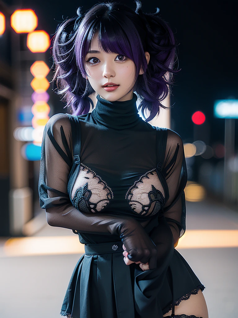 Wet and see-through blue tank top、Ripped jeans、Fishnet tights/stockings、Transparent nipples、Big Tits、Getting wet in heavy rain、Snow Mountain、Starry Sky、Night Sky、Pussy line、Bite、Spread your legs、Face masks、Purple hair